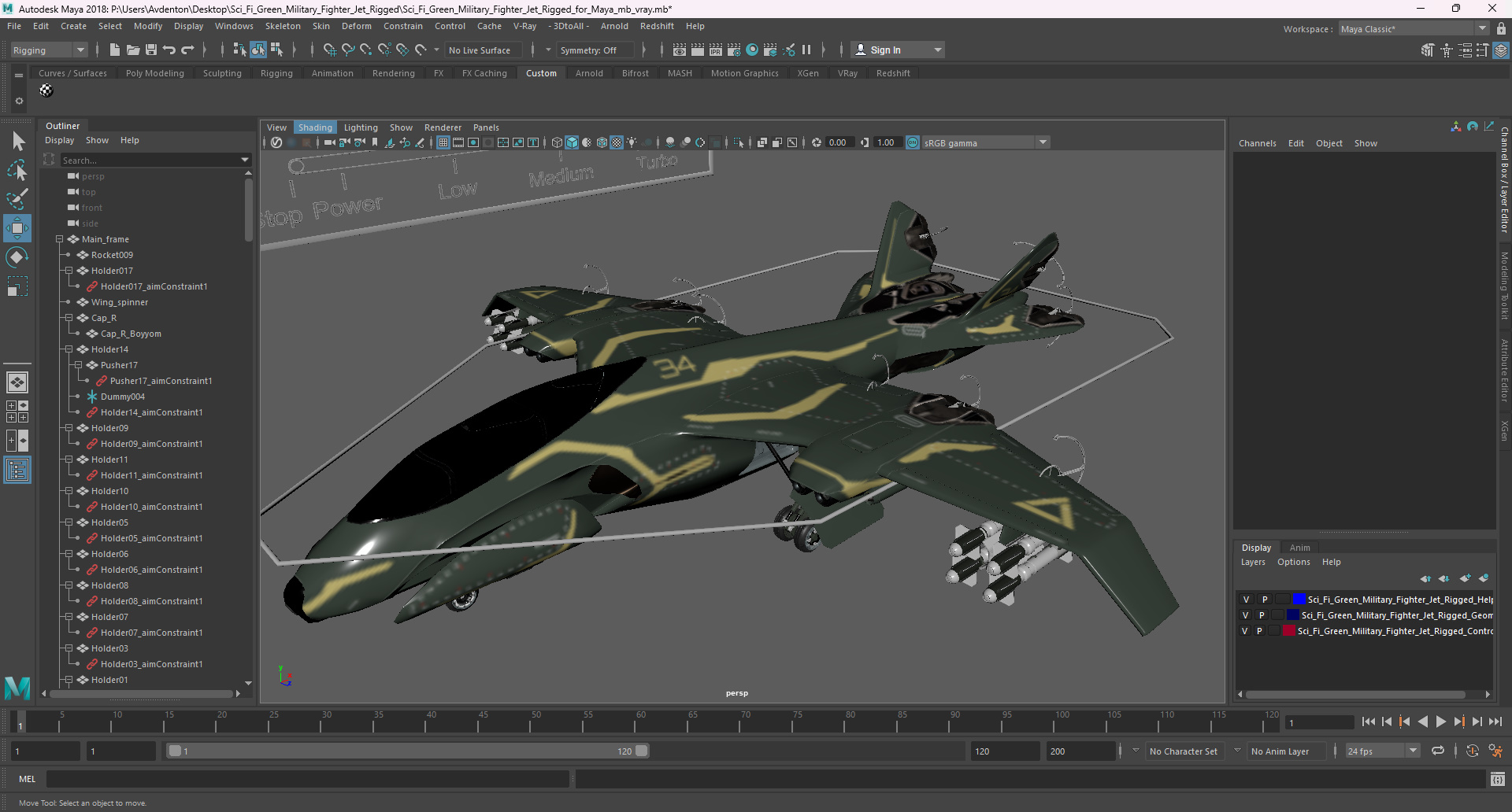 Sci Fi Green Military Fighter Jet Rigged for Maya 3D model