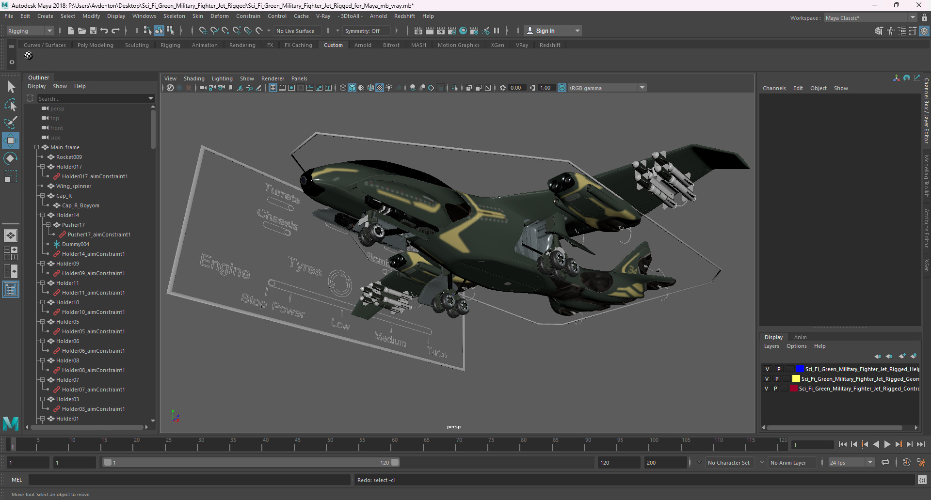 Sci Fi Green Military Fighter Jet Rigged for Maya 3D model