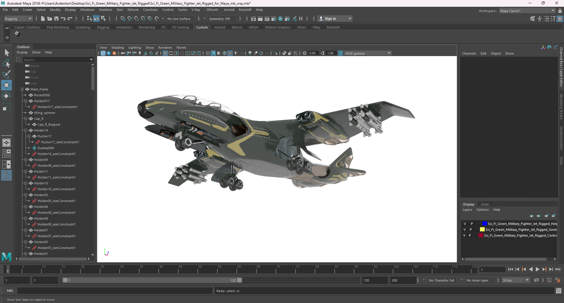 Sci Fi Green Military Fighter Jet Rigged for Maya 3D model