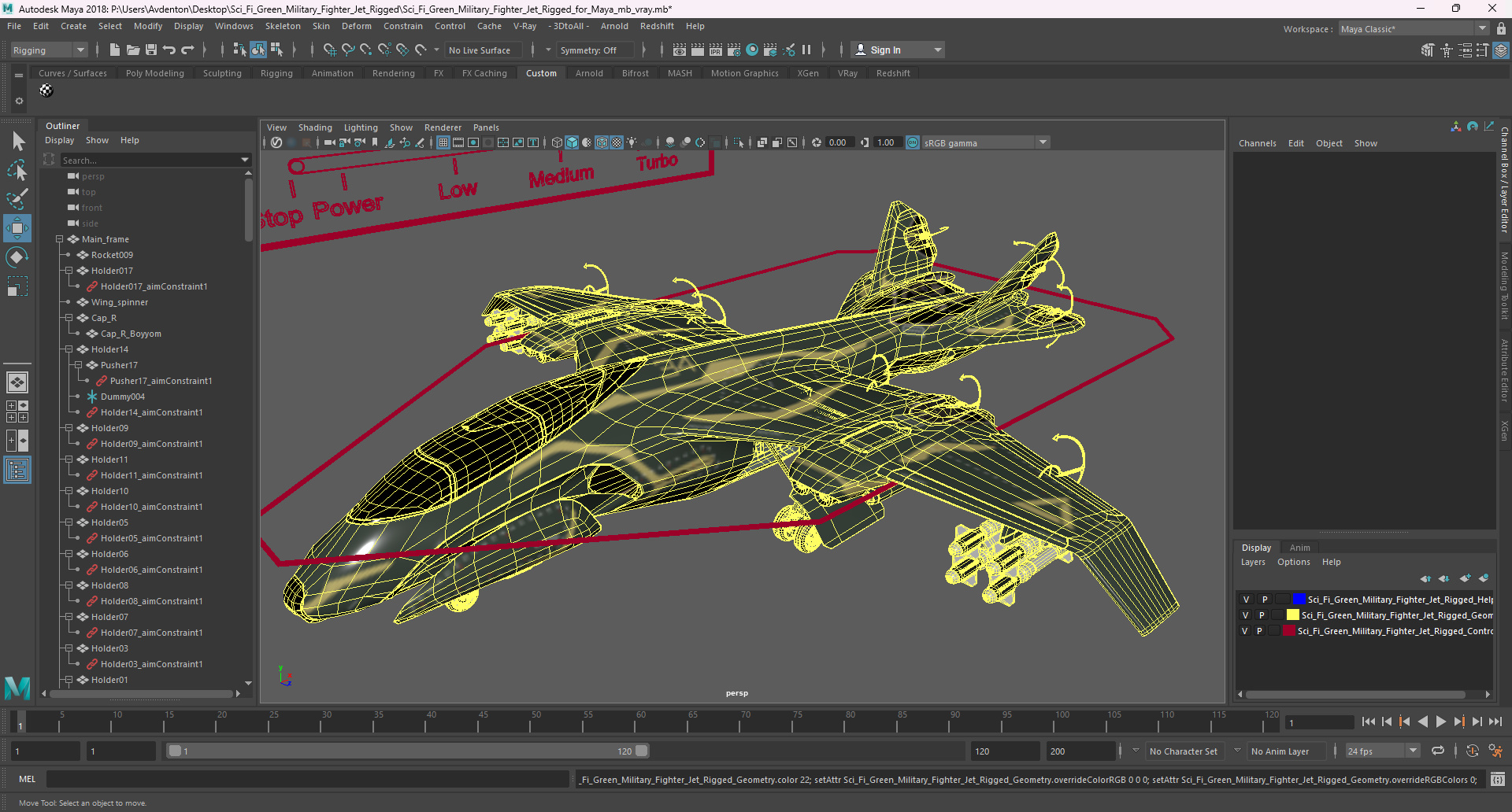 Sci Fi Green Military Fighter Jet Rigged for Maya 3D model