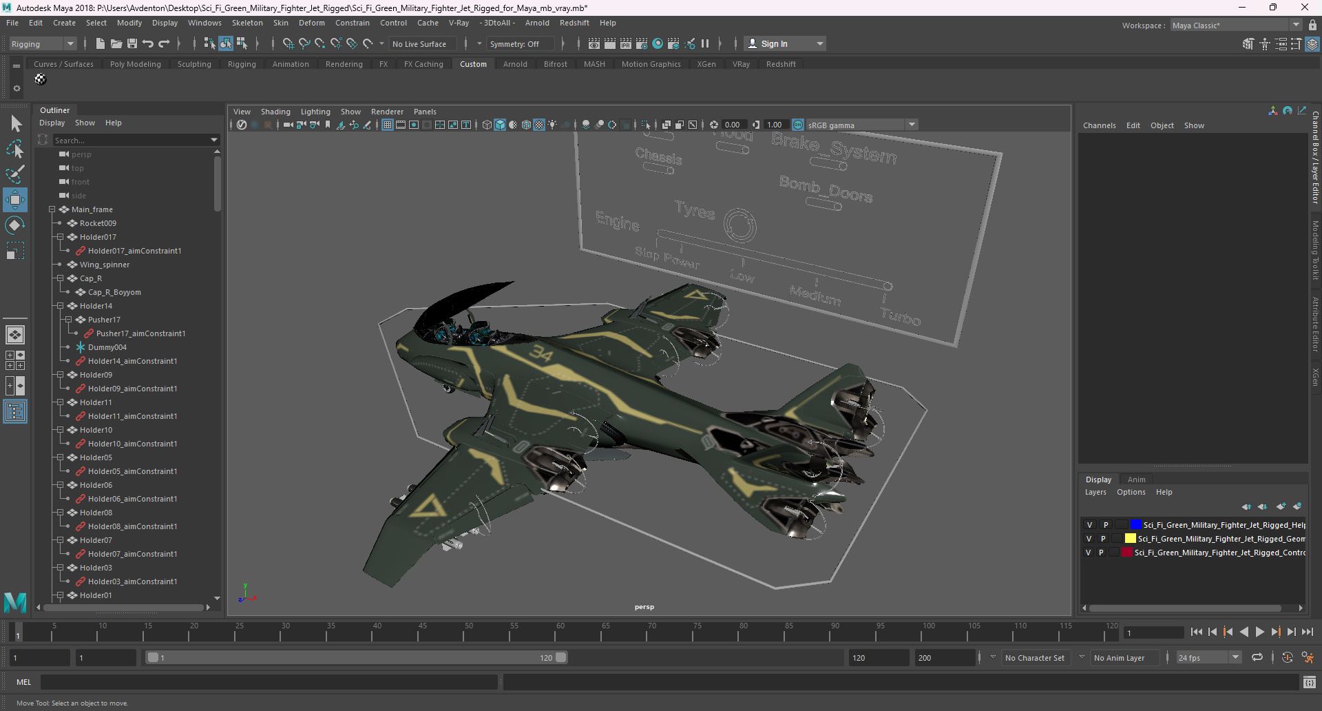 Sci Fi Green Military Fighter Jet Rigged for Maya 3D model