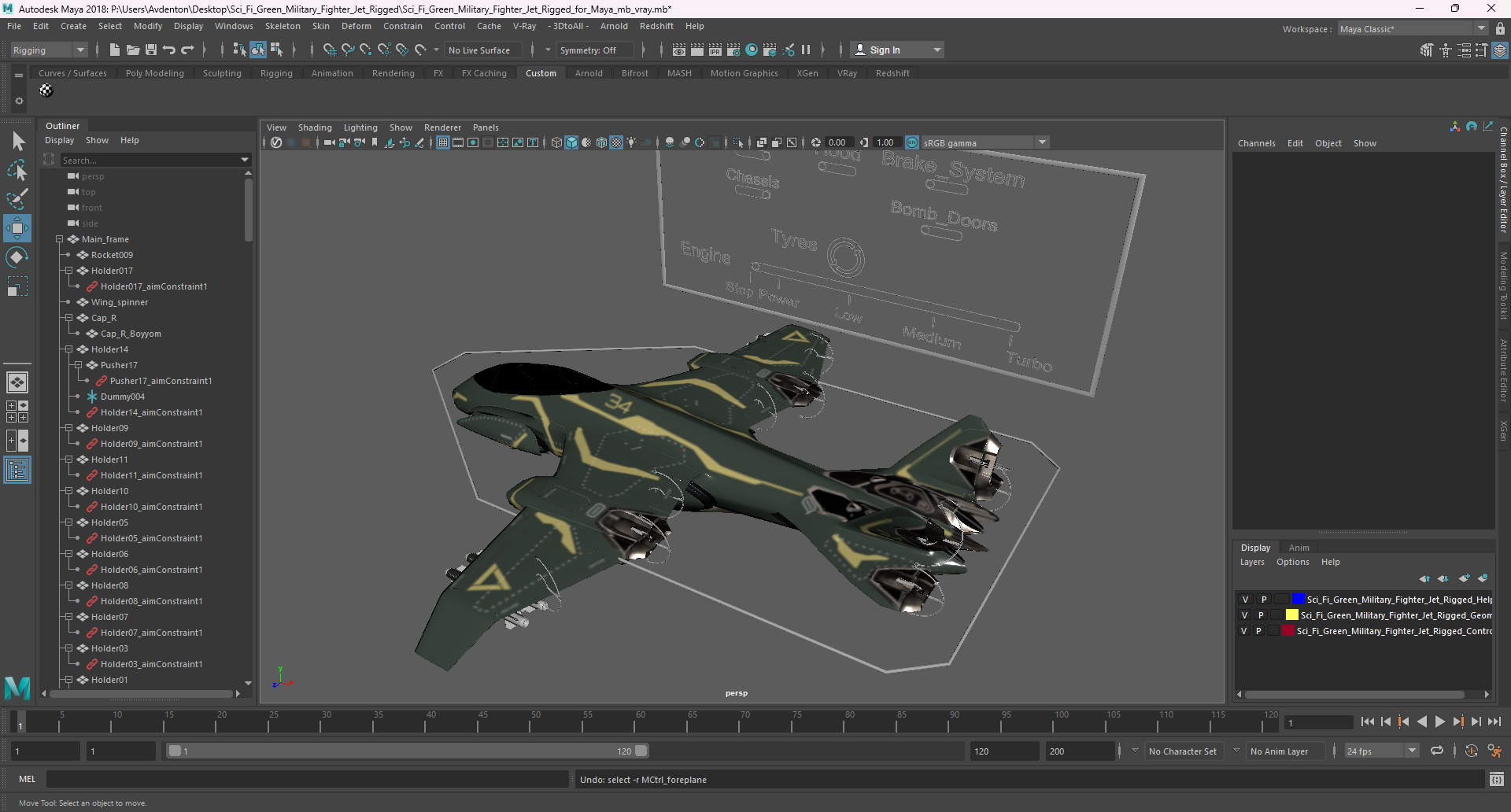 Sci Fi Green Military Fighter Jet Rigged for Maya 3D model