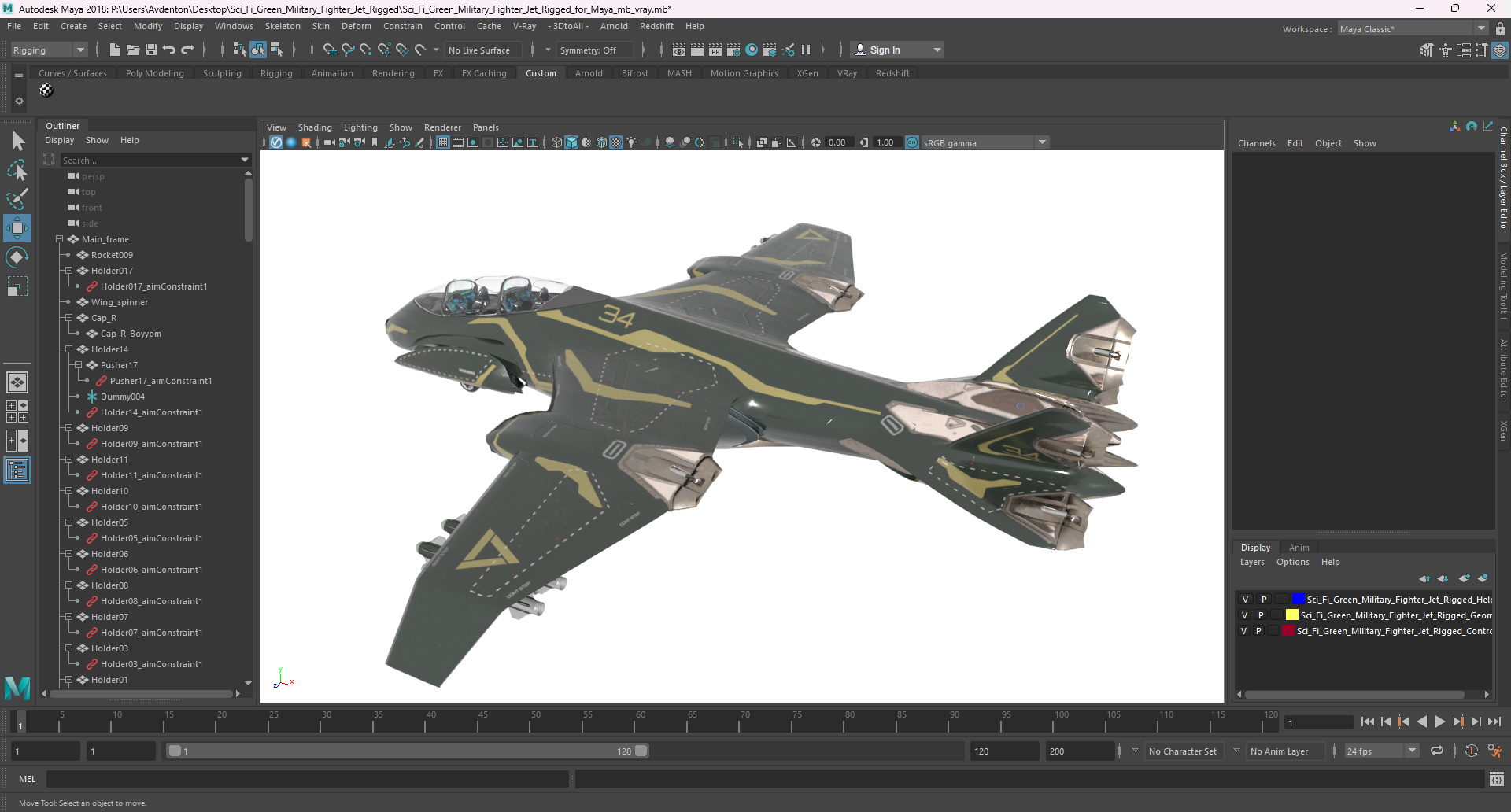 Sci Fi Green Military Fighter Jet Rigged for Maya 3D model