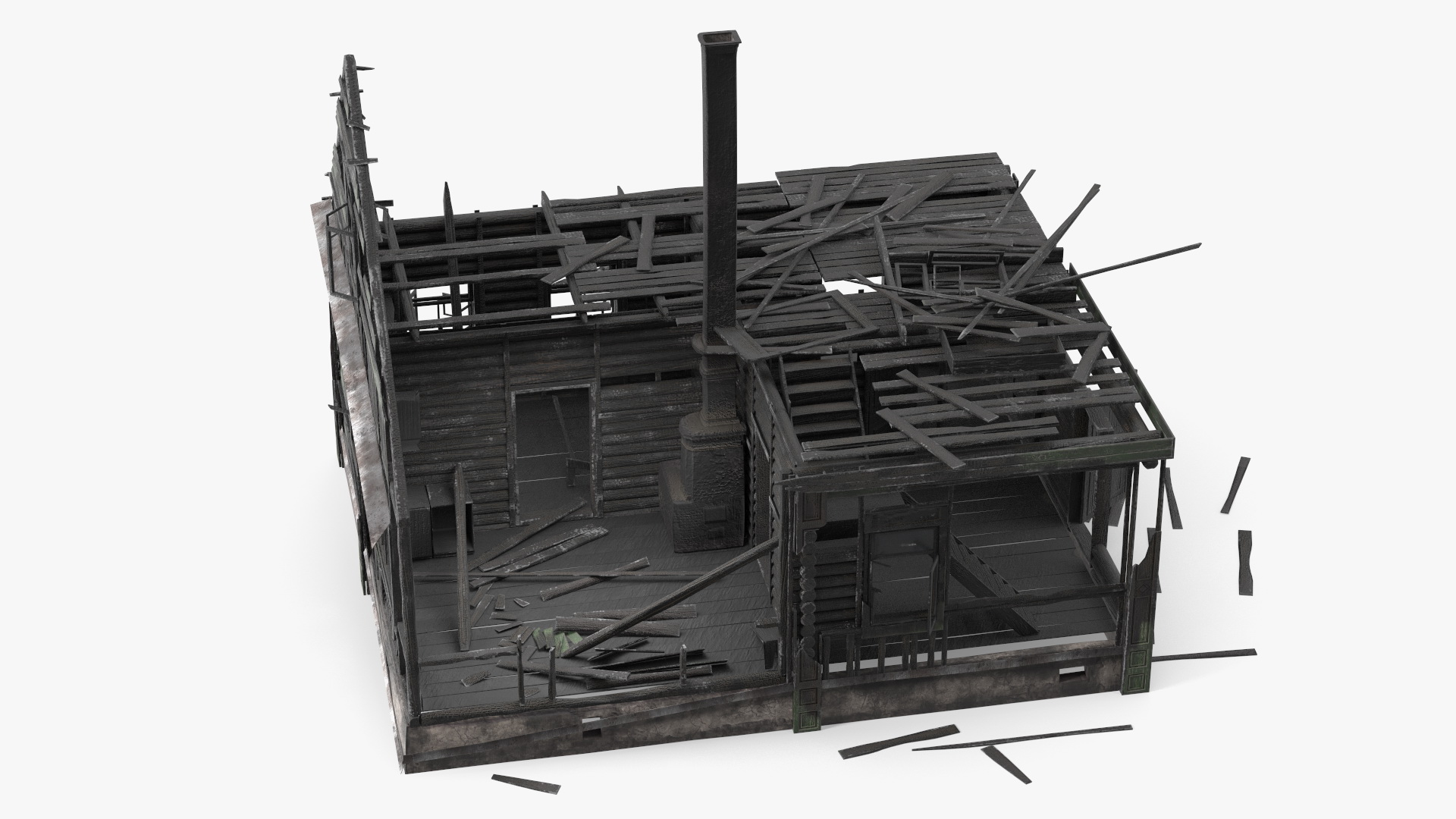 Burnt Wooden House Green Without Roof 3D