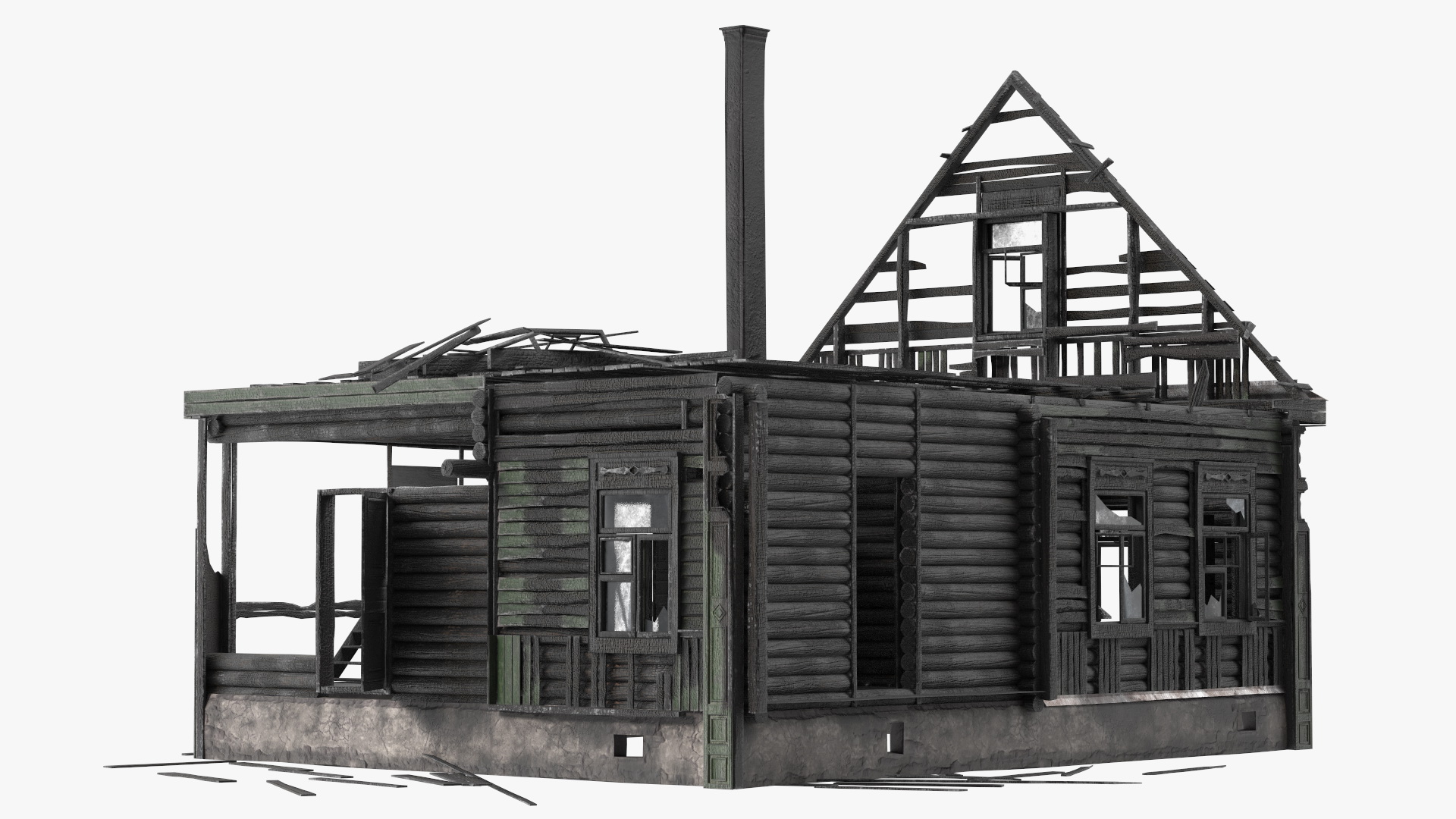 Burnt Wooden House Green Without Roof 3D