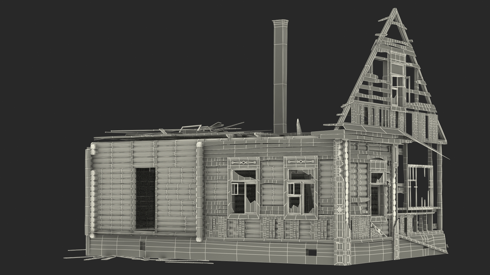 Burnt Wooden House Green Without Roof 3D