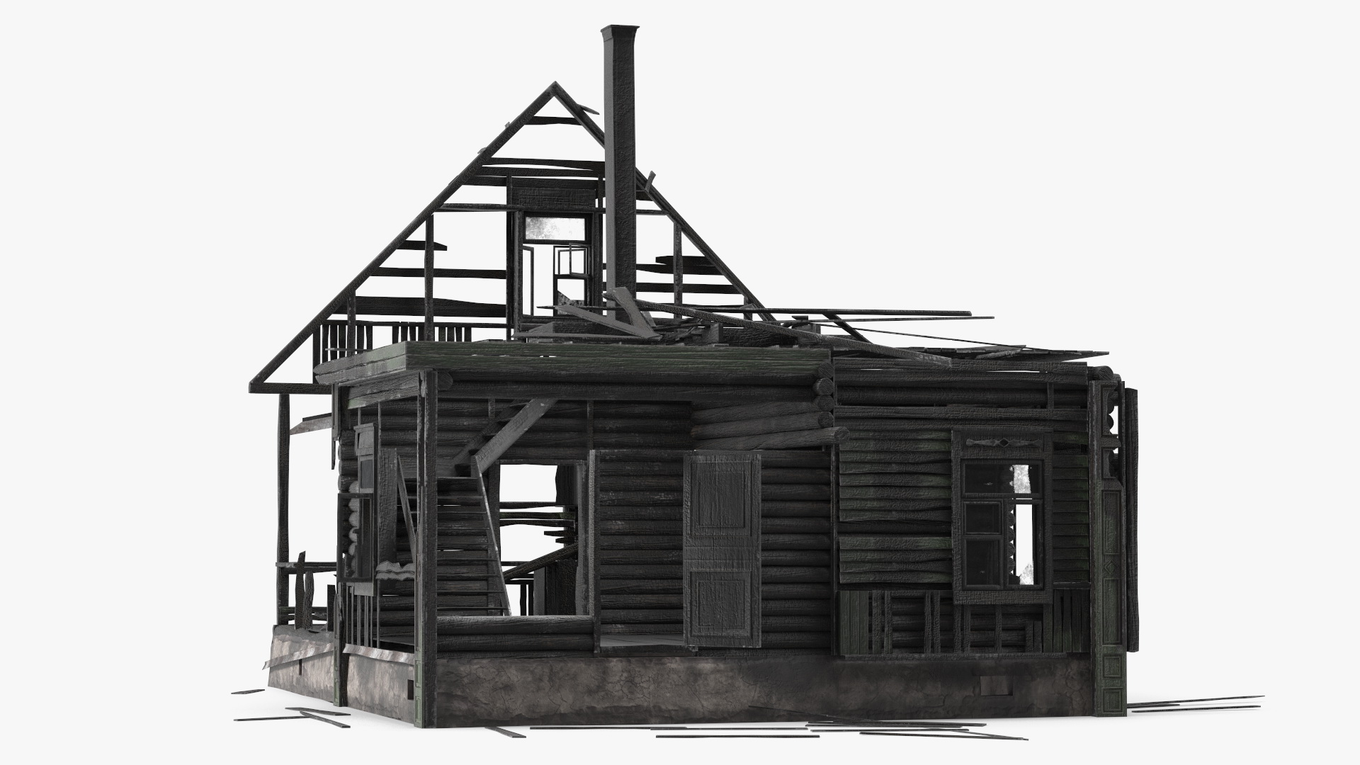 Burnt Wooden House Green Without Roof 3D