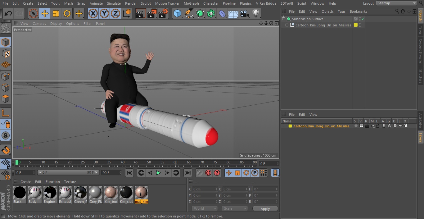 3D Cartoon Kim Jong Un on Missiles