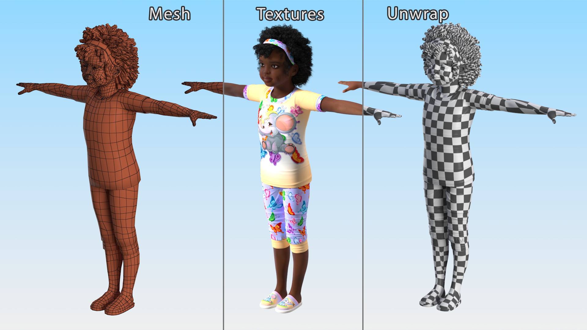 Dressed Pajamas Black Girl Child T-Pose 3D model