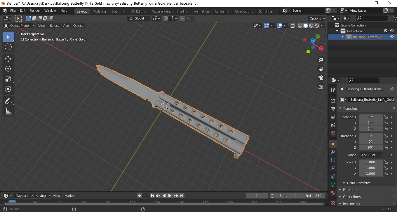 Balisong Butterfly Knife Gold 3D model