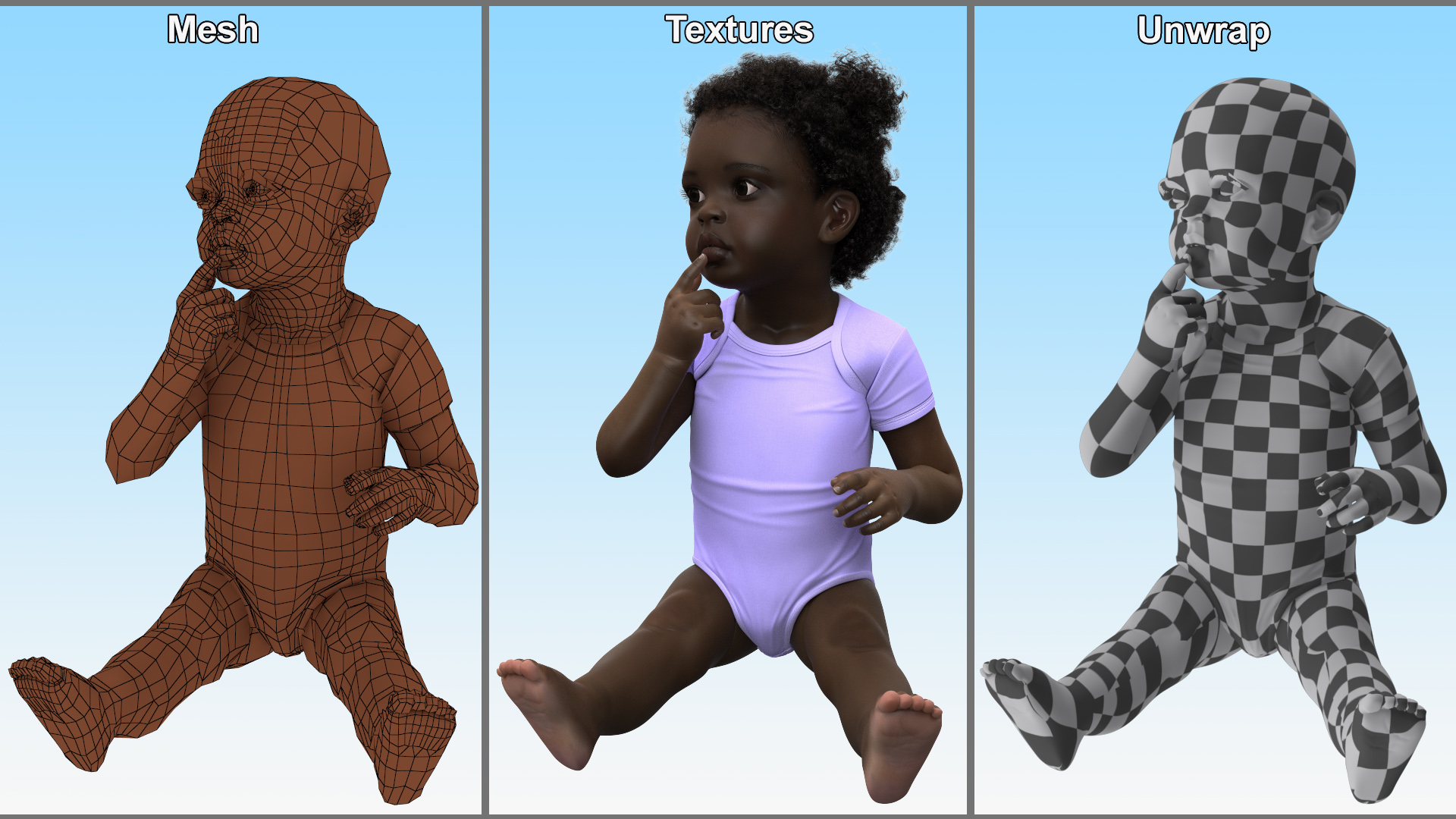 3D African Baby Girl Wearing Bodysuit Sitting Fur