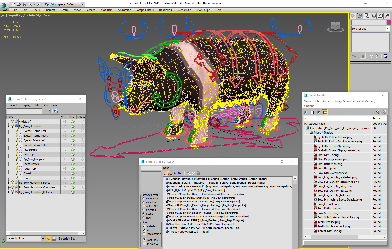 3D Hampshire Pig Sow with Fur Rigged model