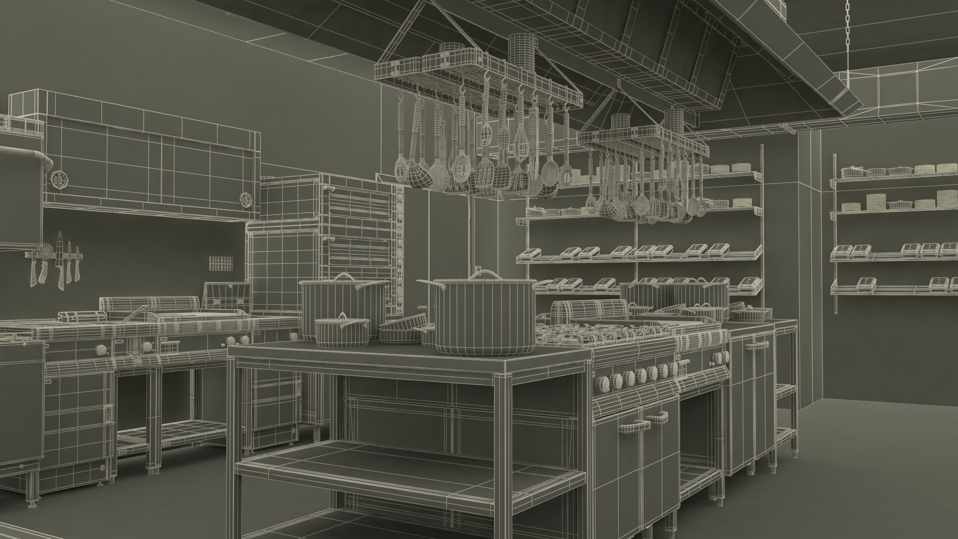 Restaurant Commercial Kitchen Lights On 3D model