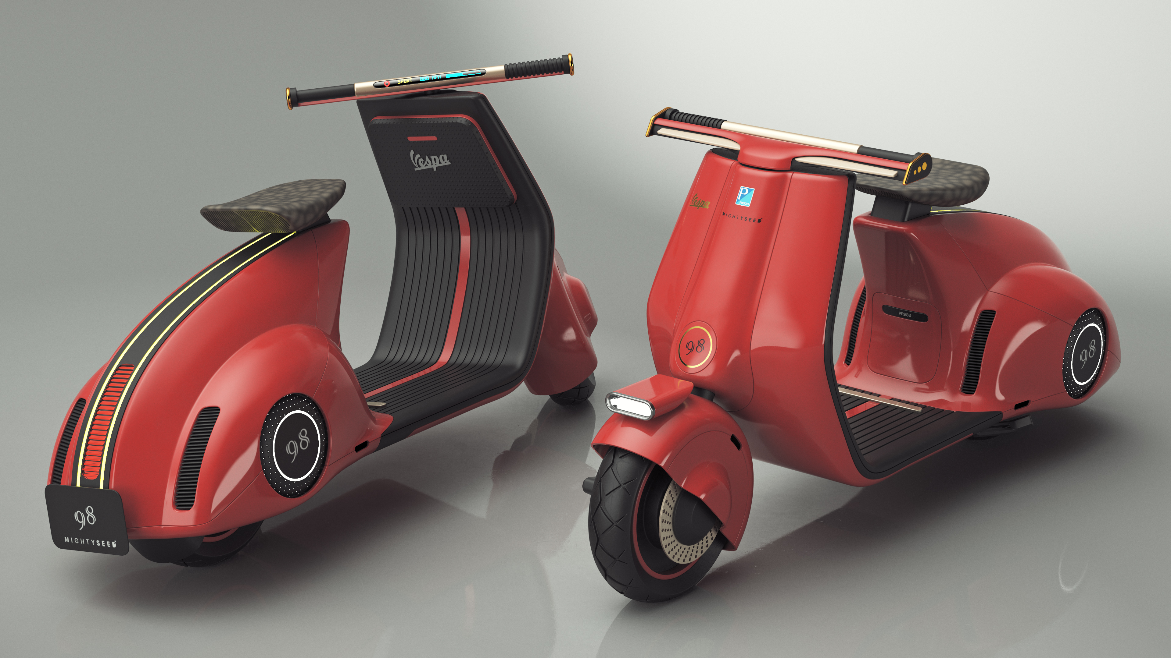 3D model Designer Red Electric Scooter Vespa 98 Lights On Rigged