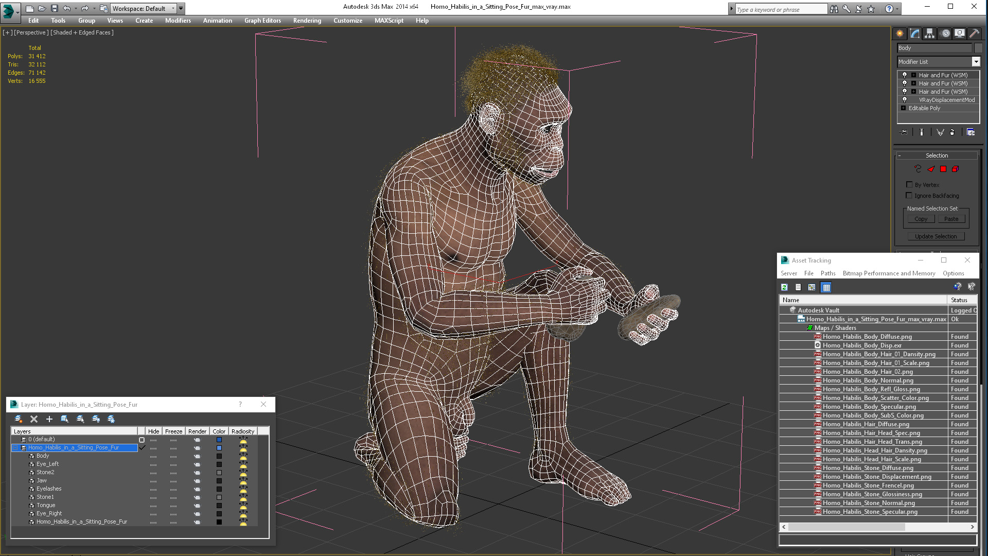 Homo Habilis in a Sitting Pose Fur 3D model