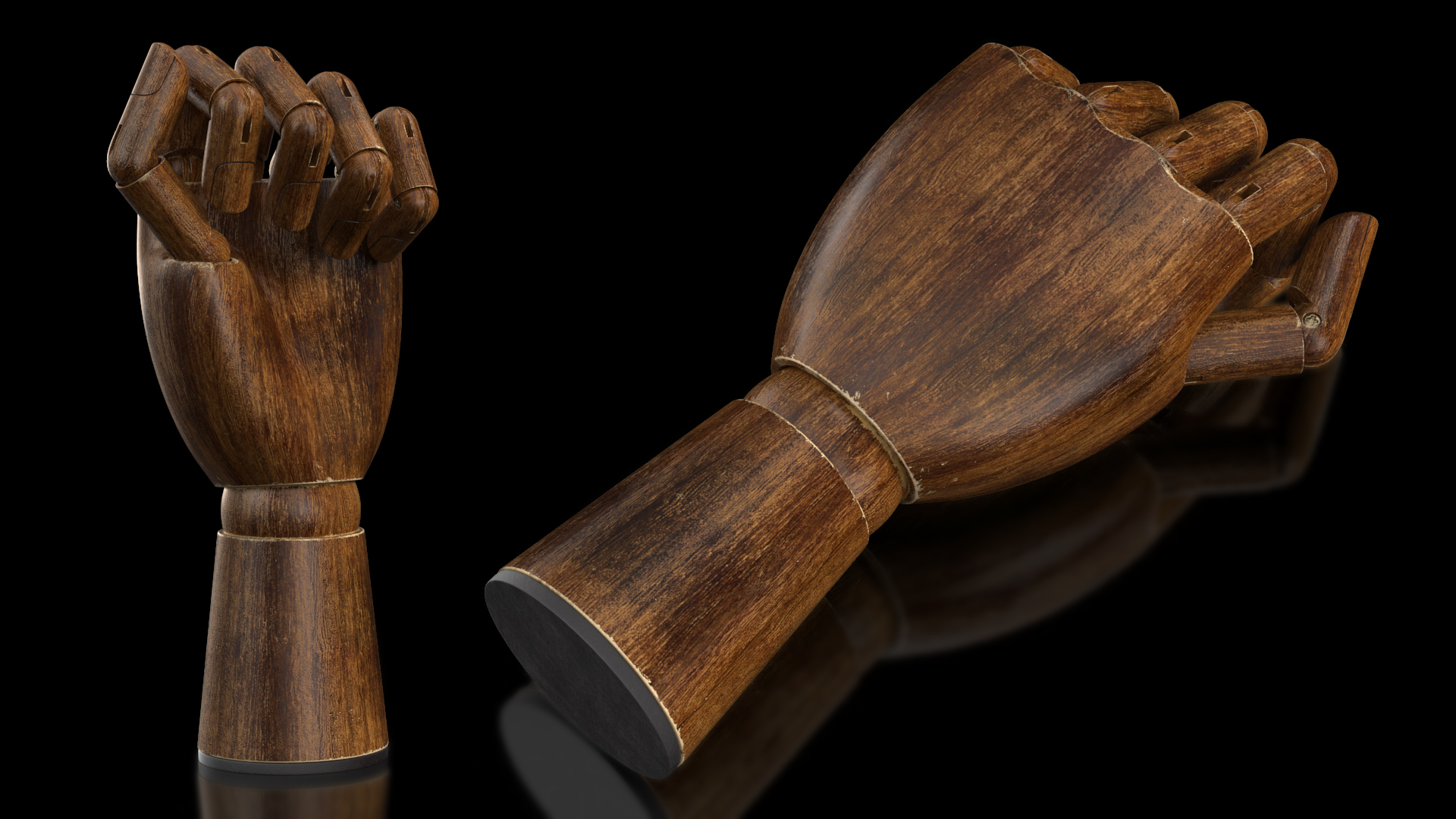 3D model Hand with Posable Fingers Dark Wood Fist Pose