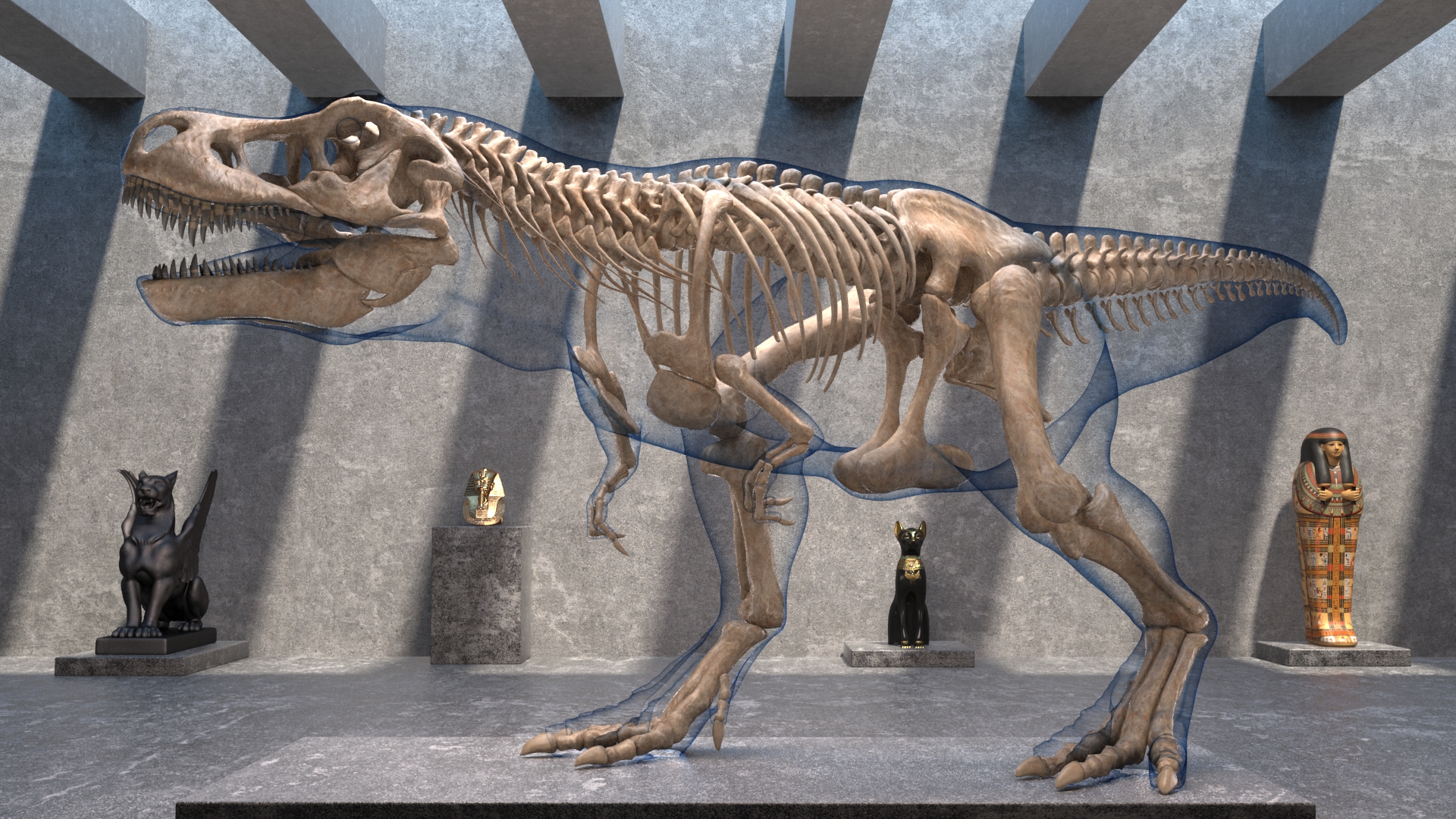 3D Tyrannosaurus Rex Skeleton Fossil with Skin Walking Pose