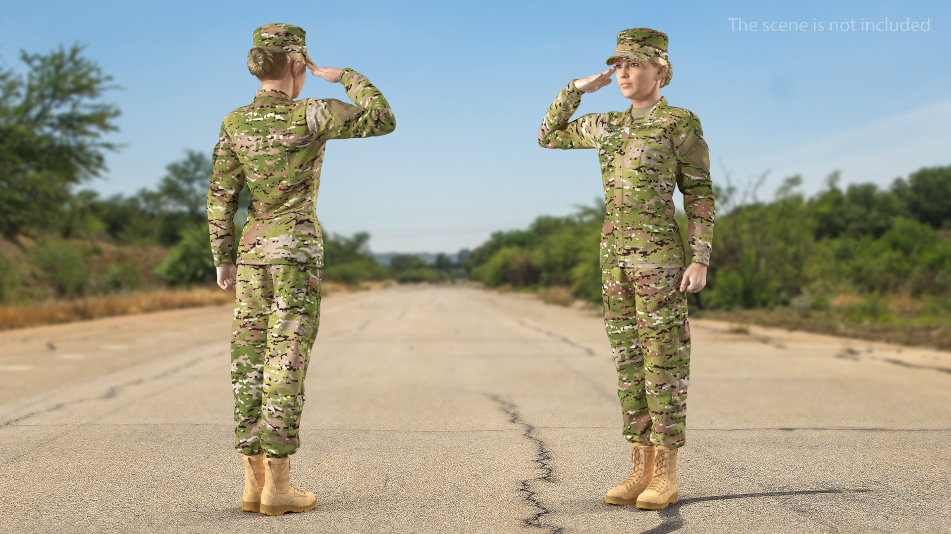 3D Female Soldier Camouflage Saluting Pose Fur model