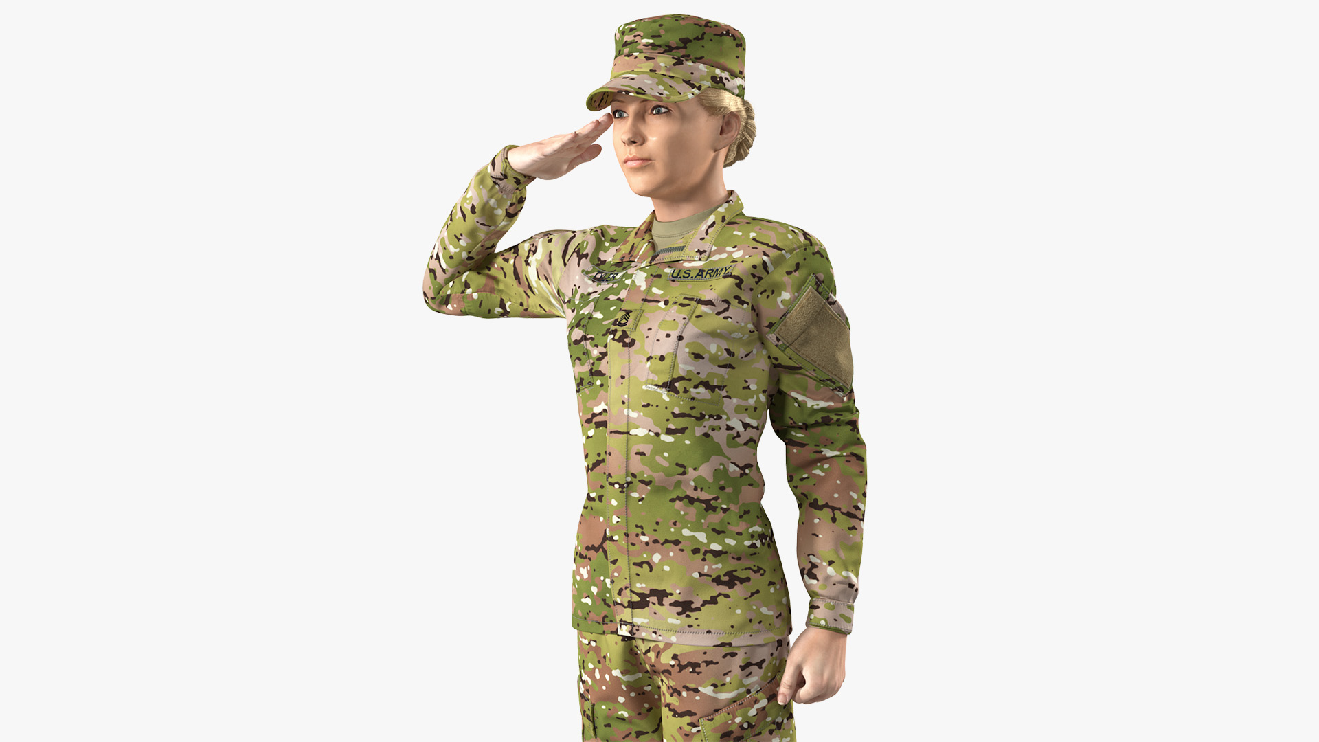 3D Female Soldier Camouflage Saluting Pose Fur model