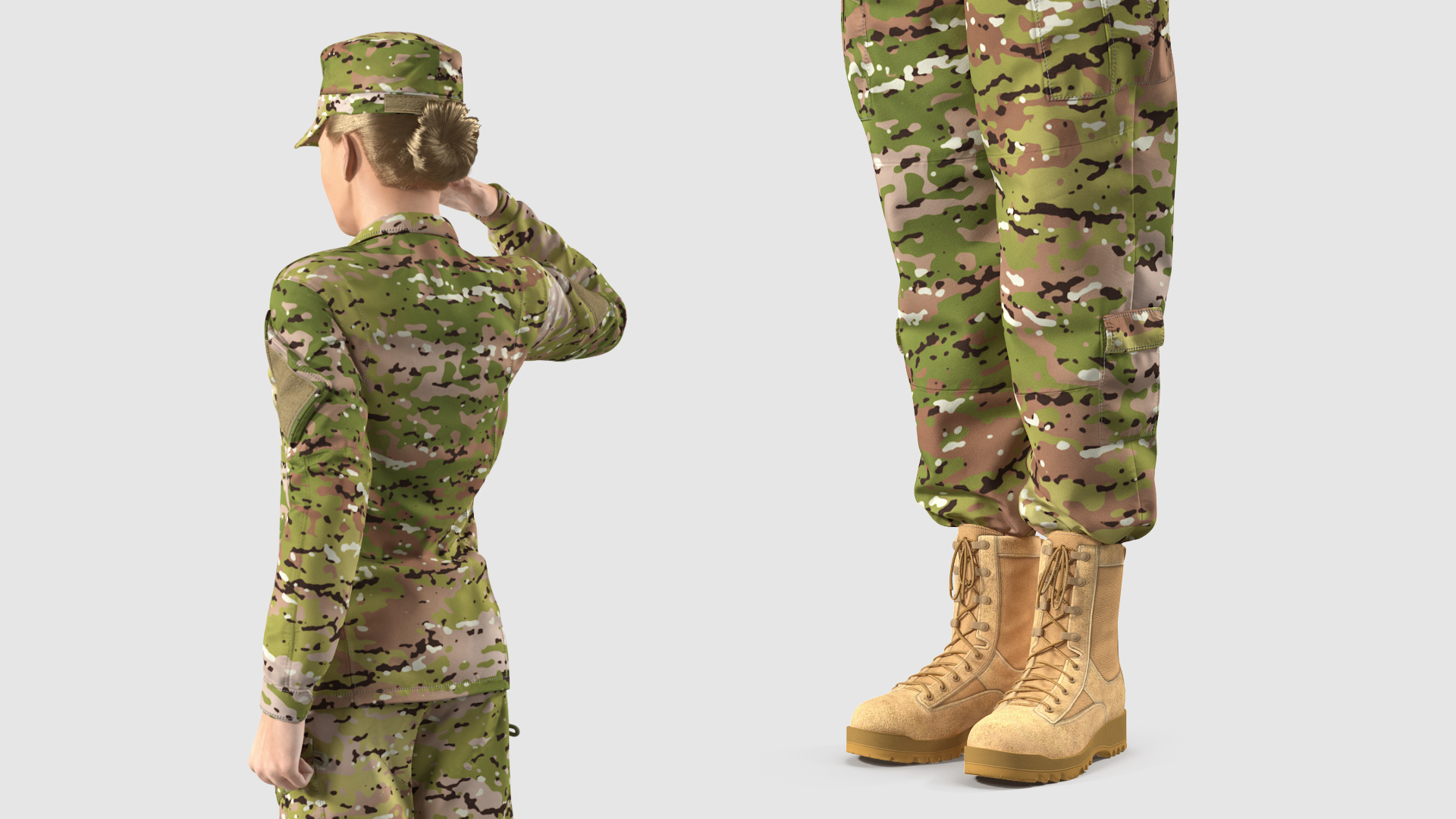 3D Female Soldier Camouflage Saluting Pose Fur model