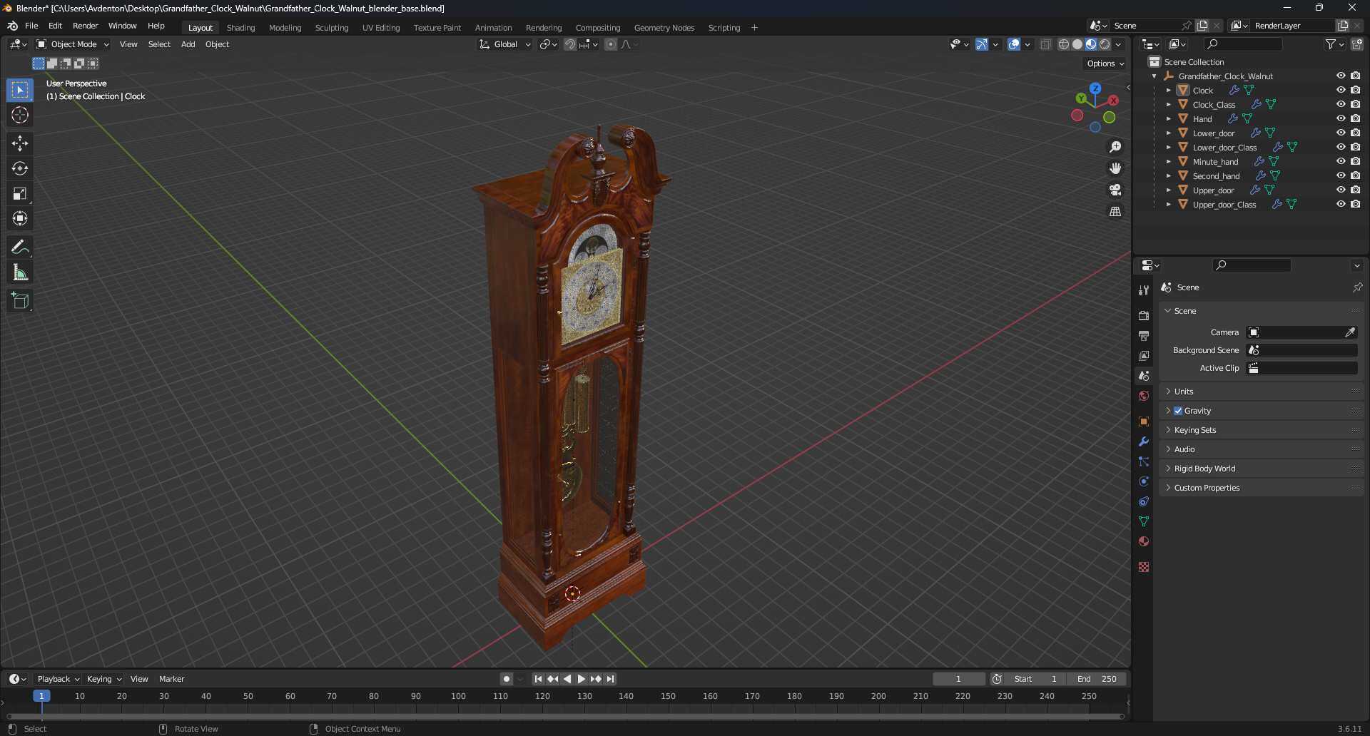 Grandfather Clock Walnut 3D model