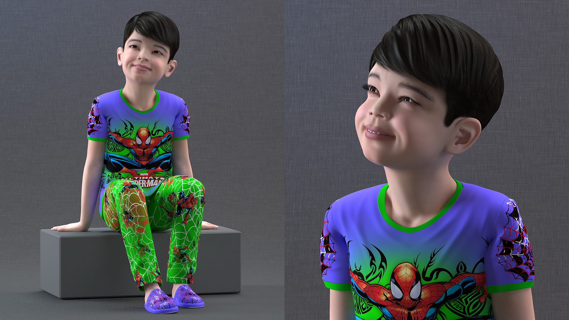 3D Sitting Asian Boy in Spiderman Pajamas model