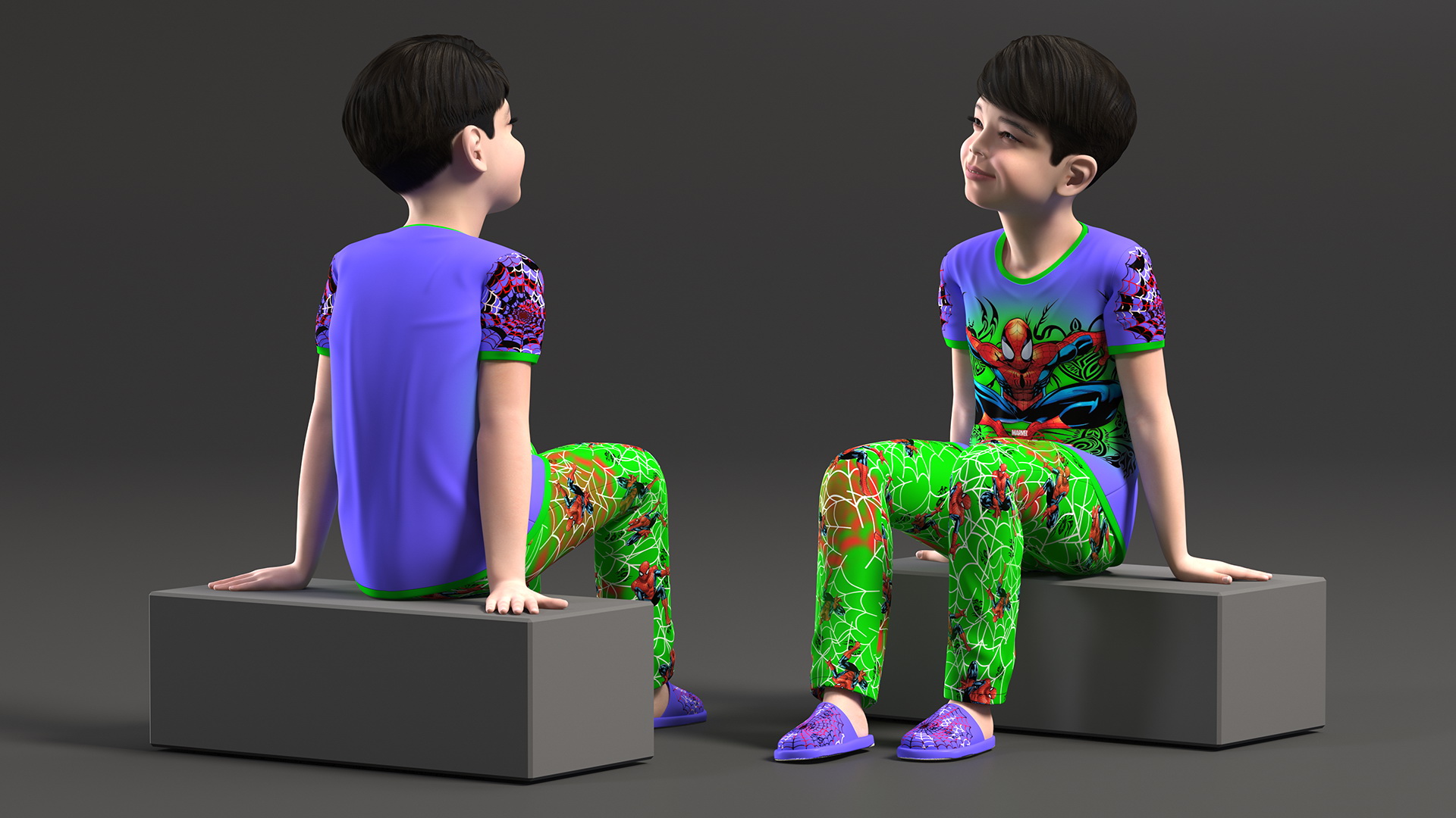 3D Sitting Asian Boy in Spiderman Pajamas model