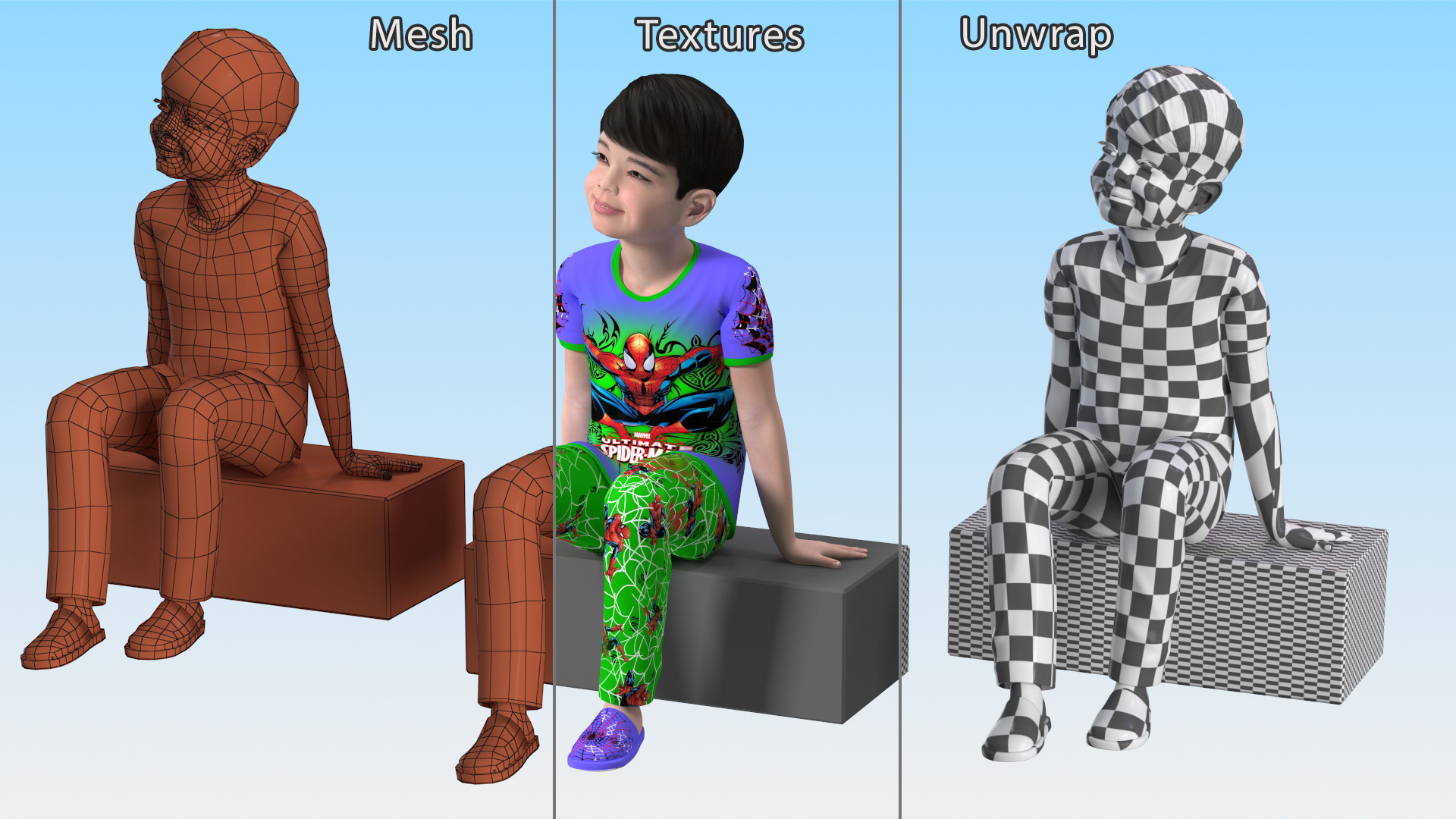 3D Sitting Asian Boy in Spiderman Pajamas model