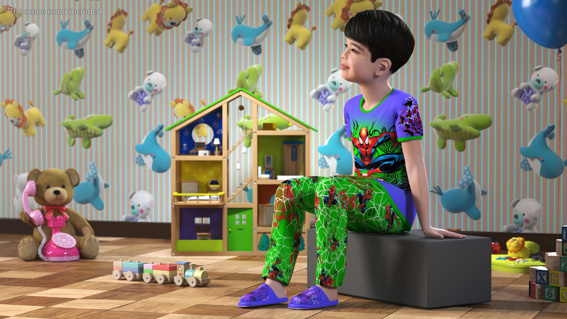 3D Sitting Asian Boy in Spiderman Pajamas model