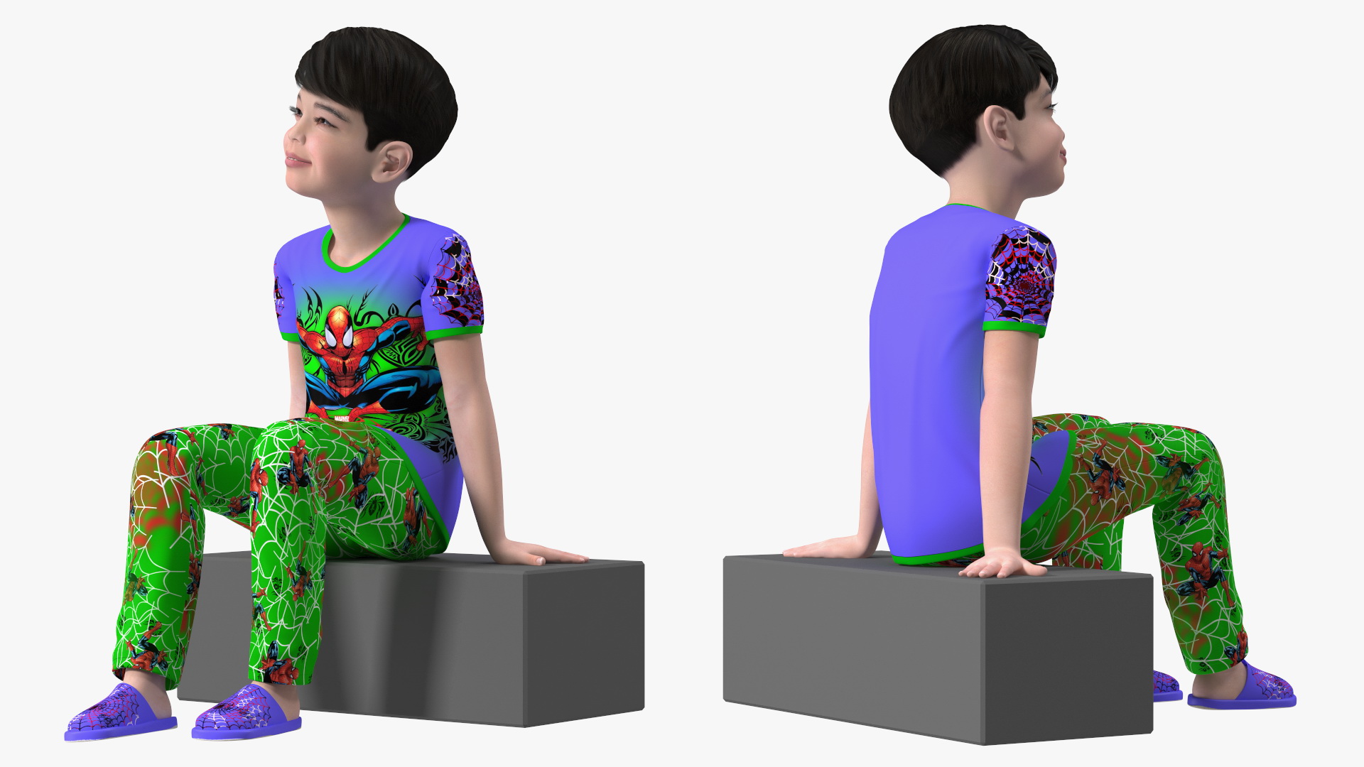 3D Sitting Asian Boy in Spiderman Pajamas model