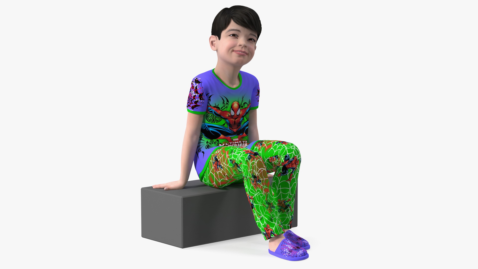 3D Sitting Asian Boy in Spiderman Pajamas model