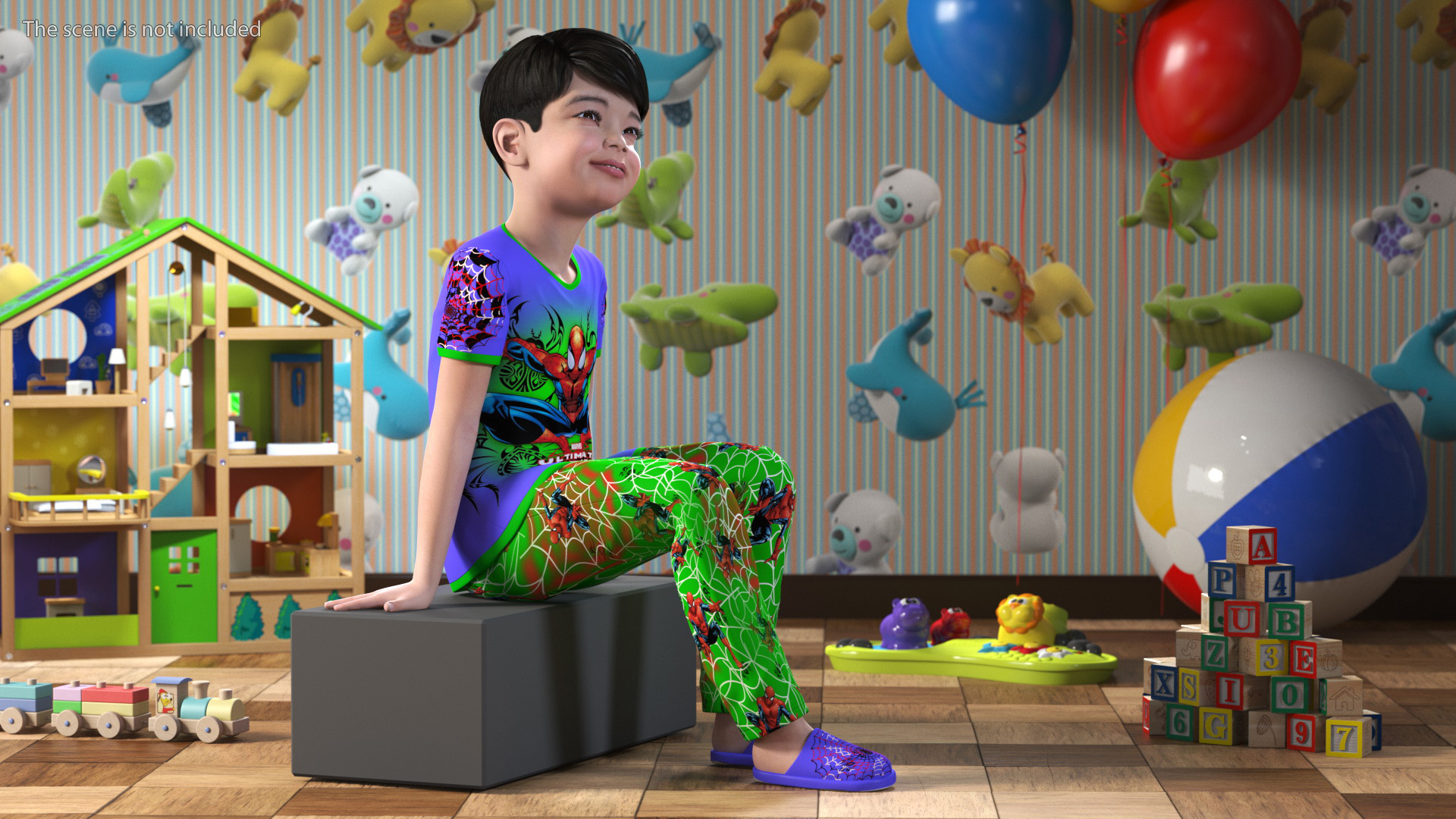 3D Sitting Asian Boy in Spiderman Pajamas model