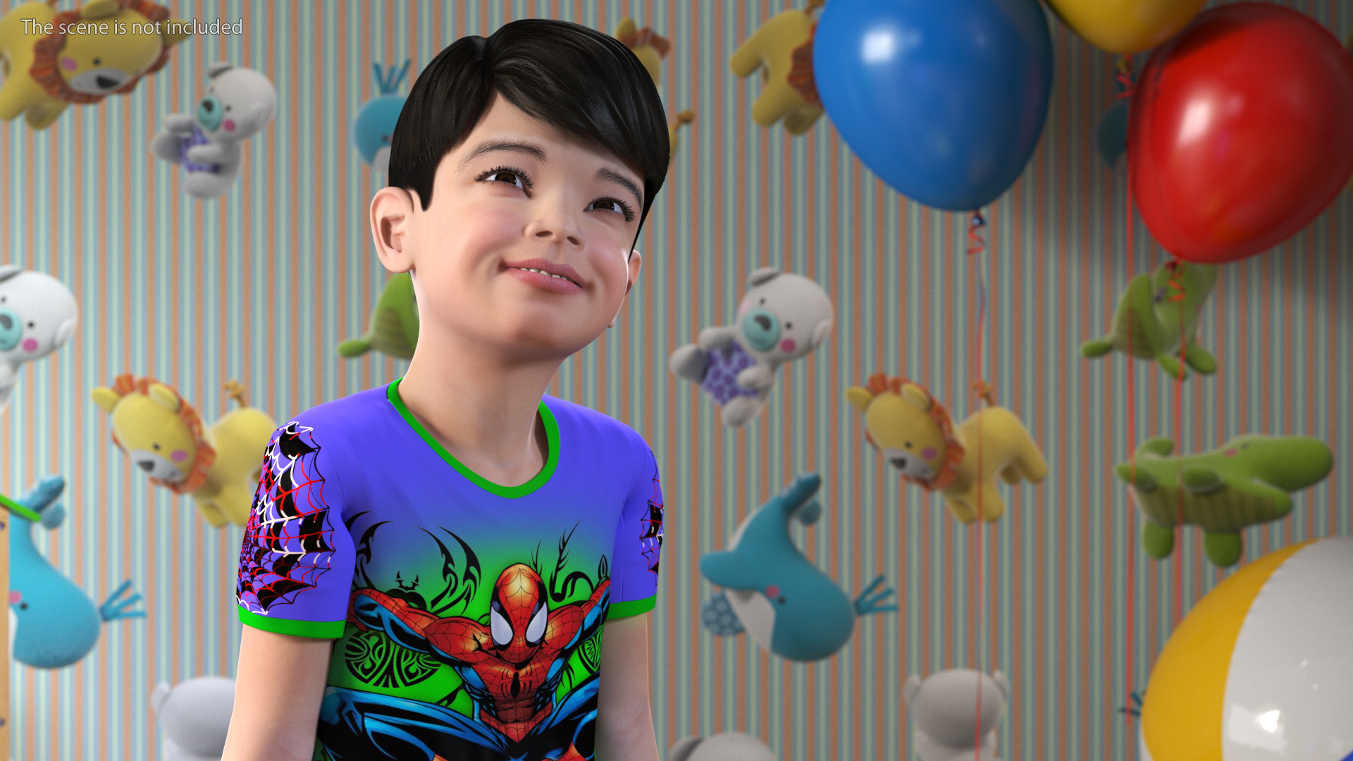 3D Sitting Asian Boy in Spiderman Pajamas model