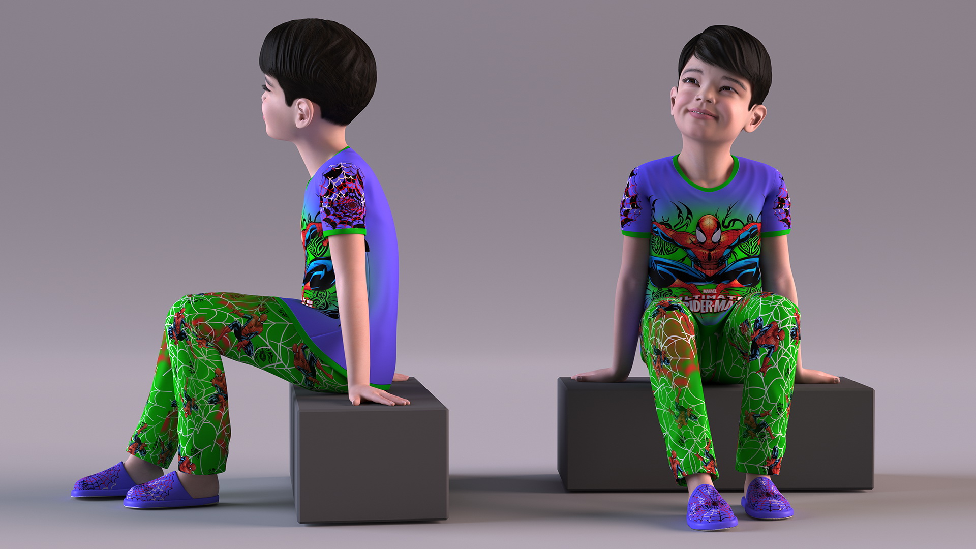 3D Sitting Asian Boy in Spiderman Pajamas model