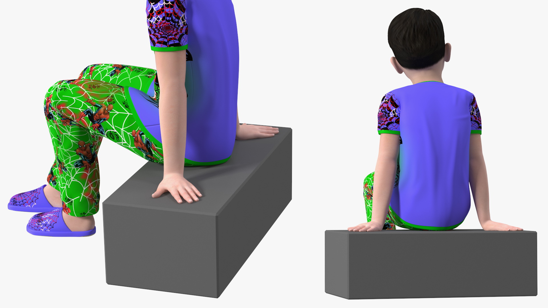 3D Sitting Asian Boy in Spiderman Pajamas model