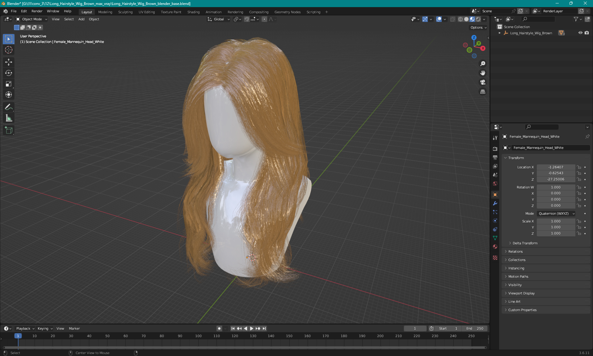 Long Hairstyle Wig Brown 3D model