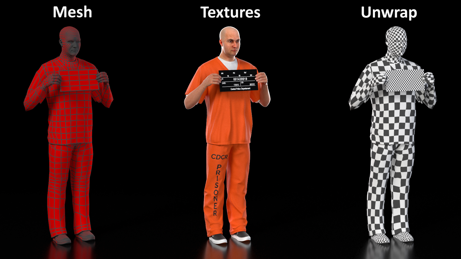 3D Male Prisoner with Mugshot Sign