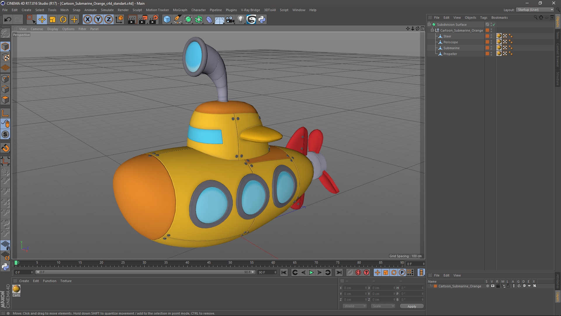 Cartoon Submarine Orange 3D model