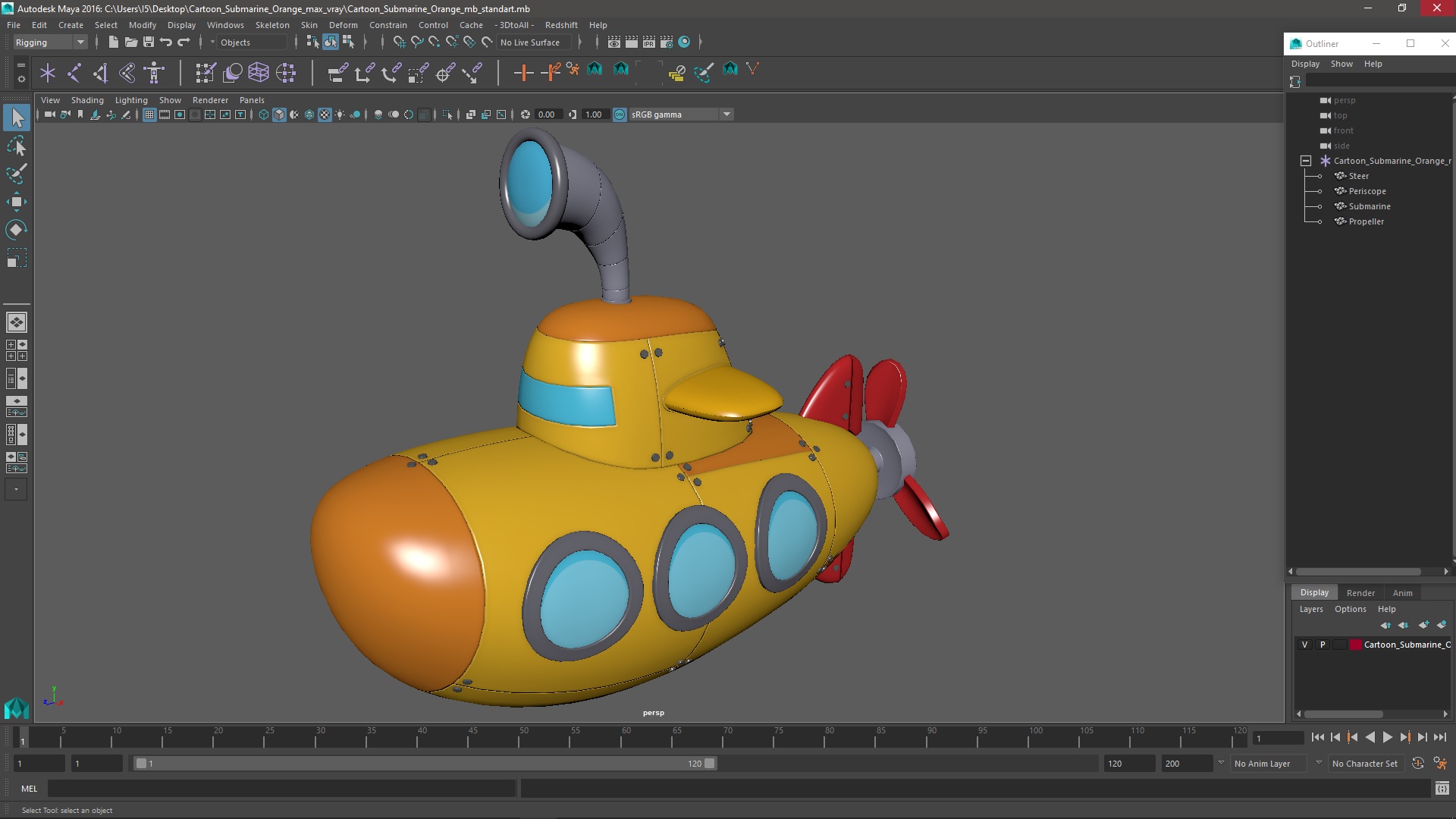 Cartoon Submarine Orange 3D model