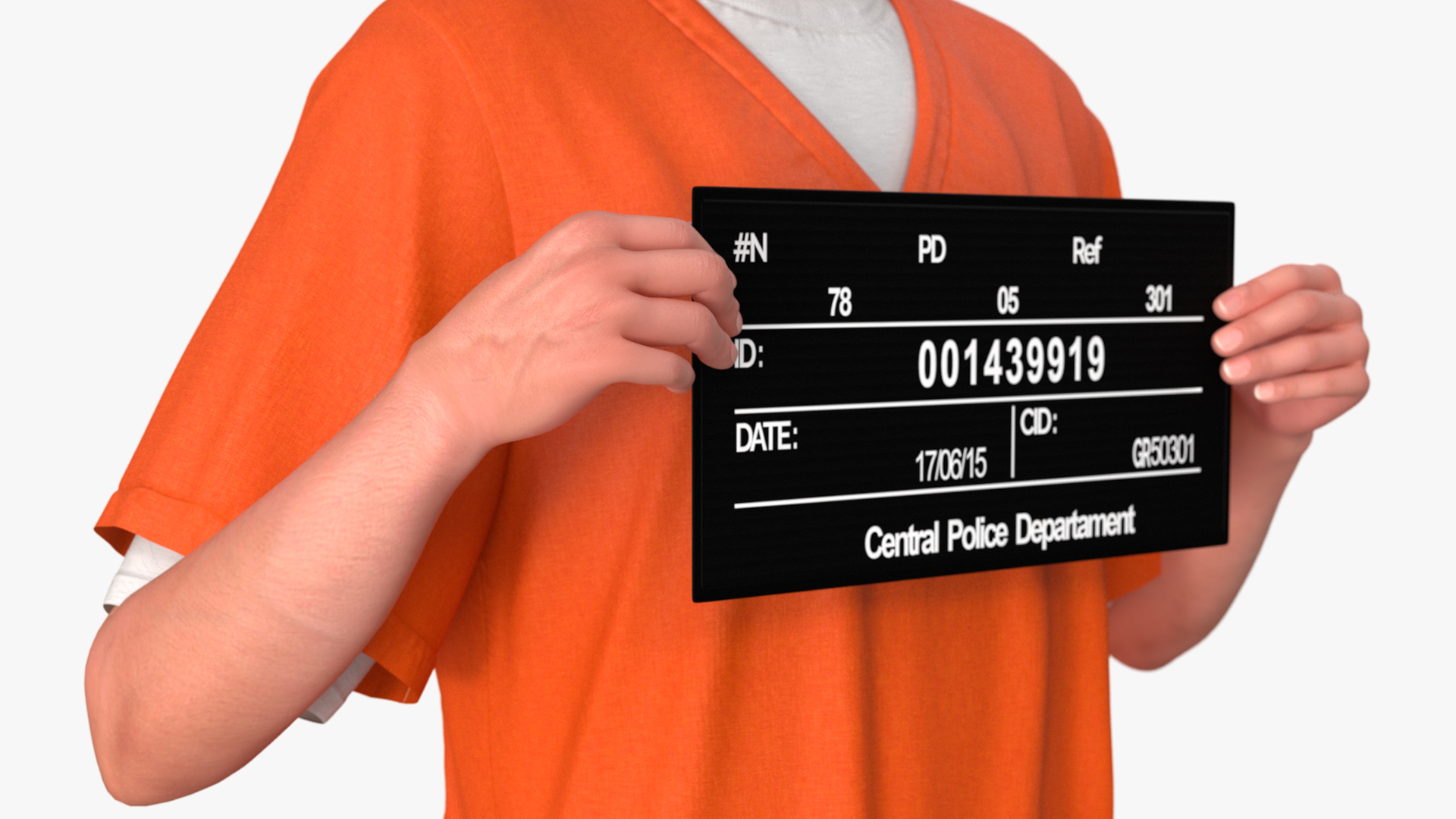 Asian Male Prisoner with Mugshot Sign 3D