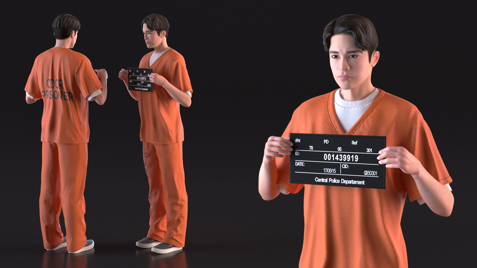 Asian Male Prisoner with Mugshot Sign 3D