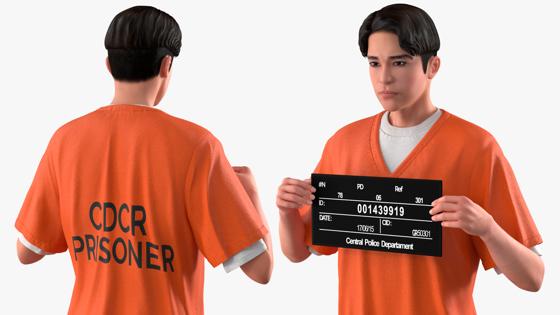 Asian Male Prisoner with Mugshot Sign 3D