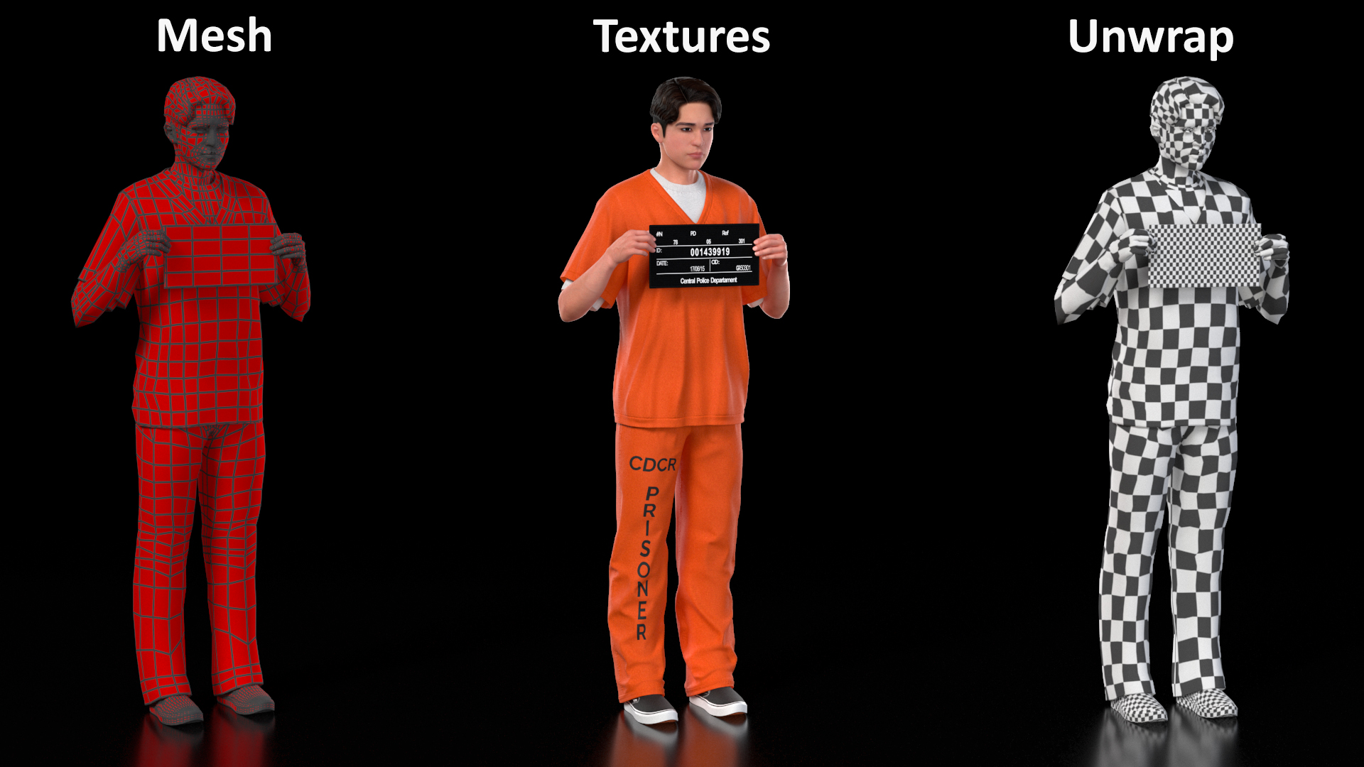 Asian Male Prisoner with Mugshot Sign 3D