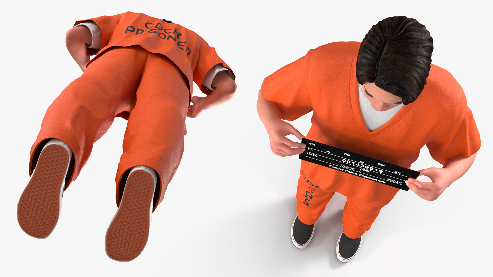 Asian Male Prisoner with Mugshot Sign 3D