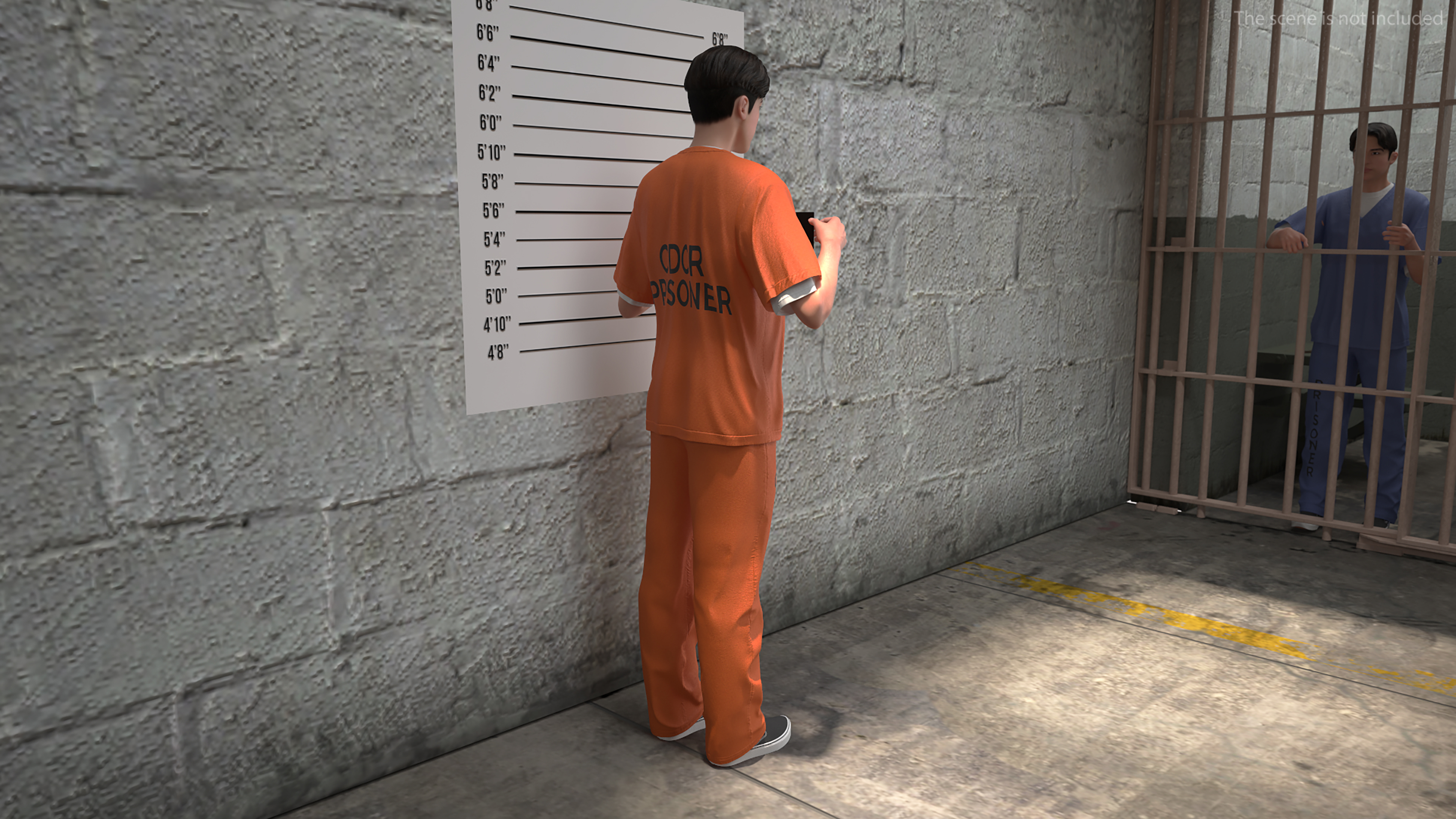 Asian Male Prisoner with Mugshot Sign 3D