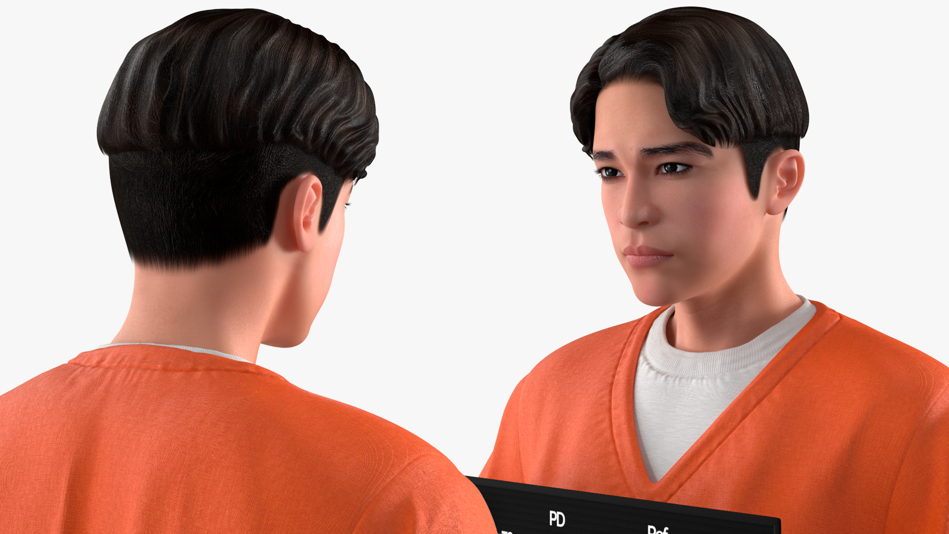 Asian Male Prisoner with Mugshot Sign 3D