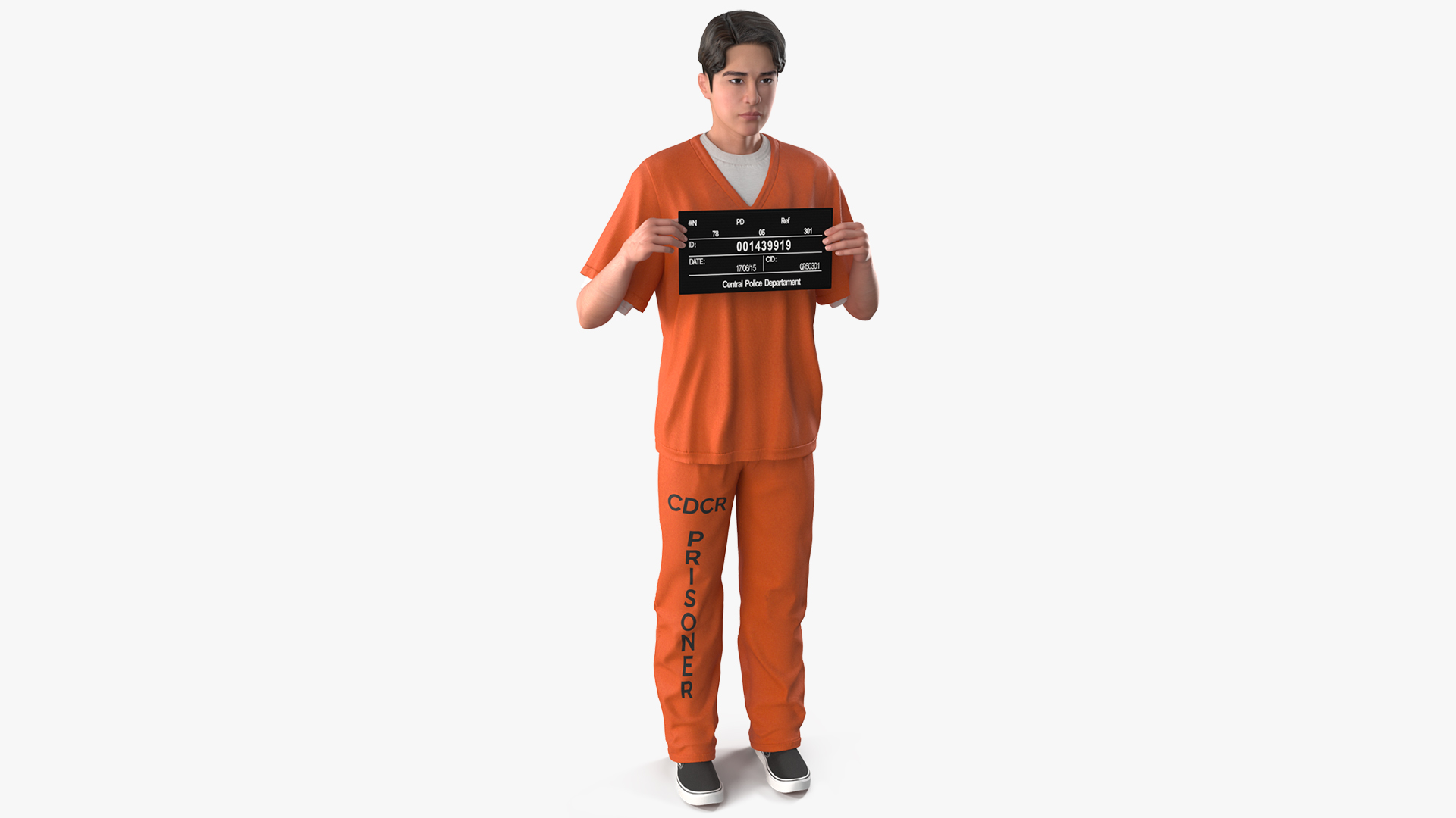 Asian Male Prisoner with Mugshot Sign 3D