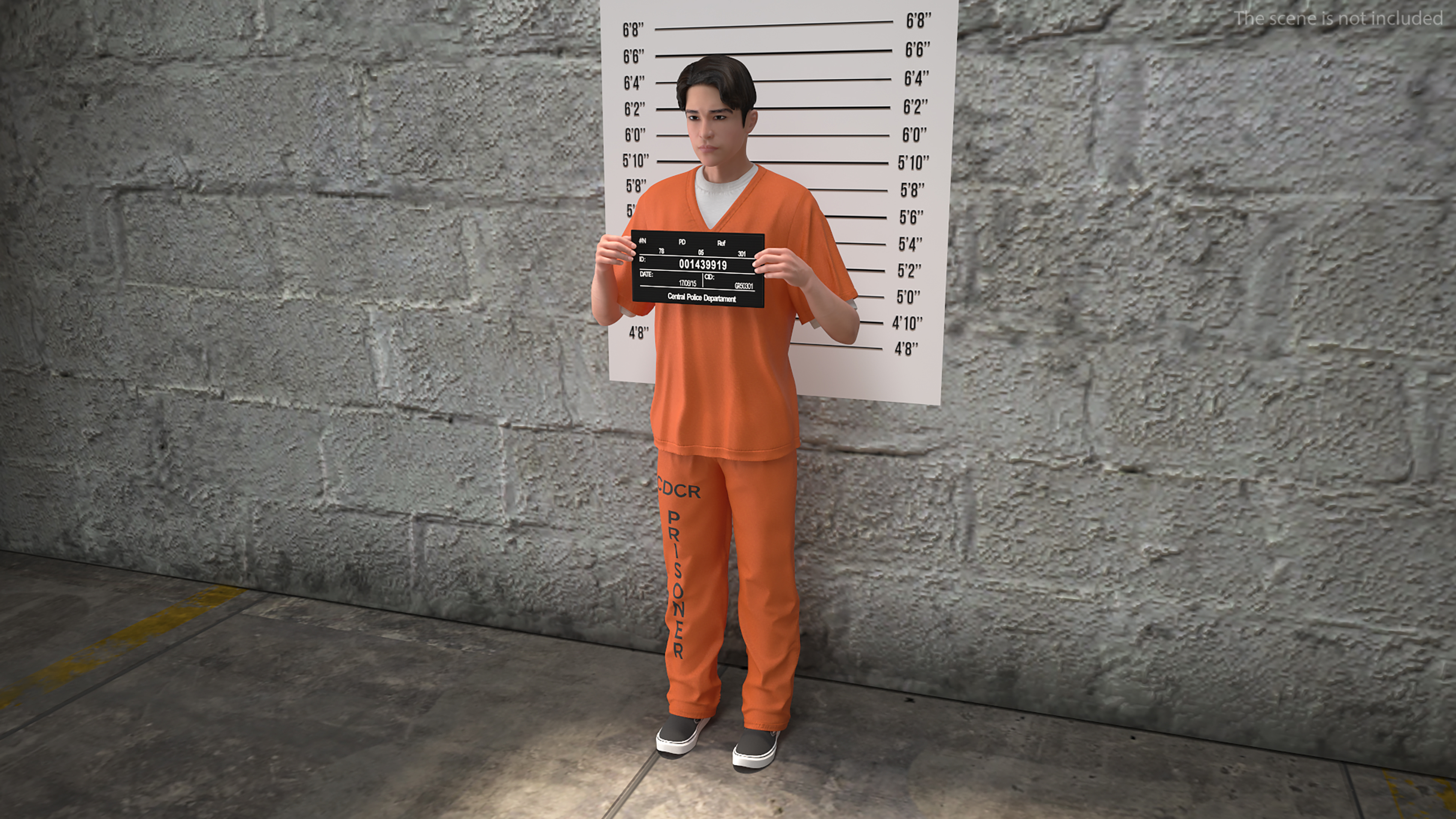 Asian Male Prisoner with Mugshot Sign 3D