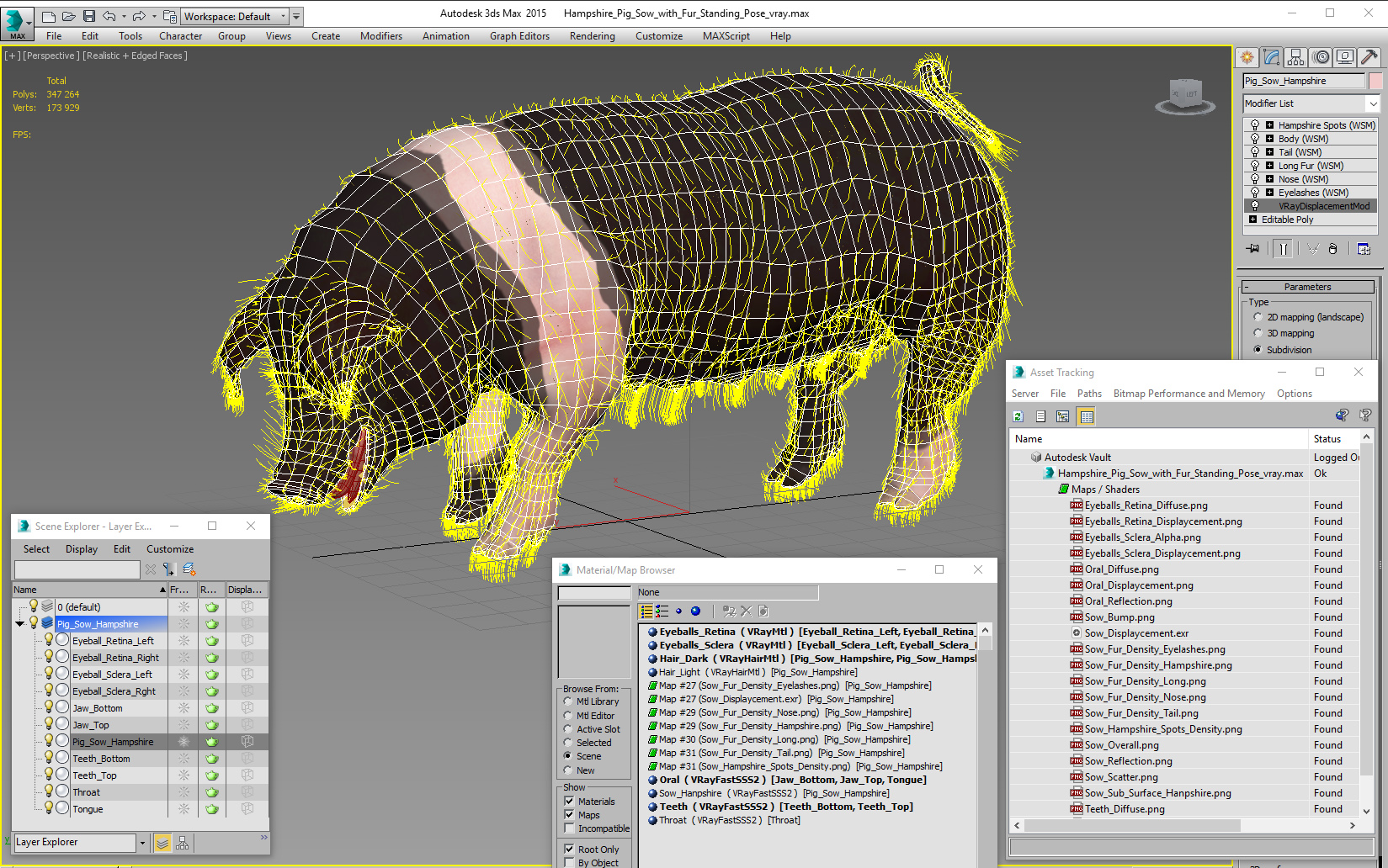 3D model Hampshire Pig Sow with Fur Standing Pose