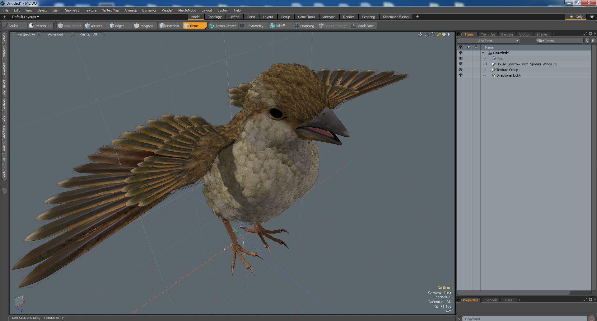 3D House Sparrow with Spread Wings